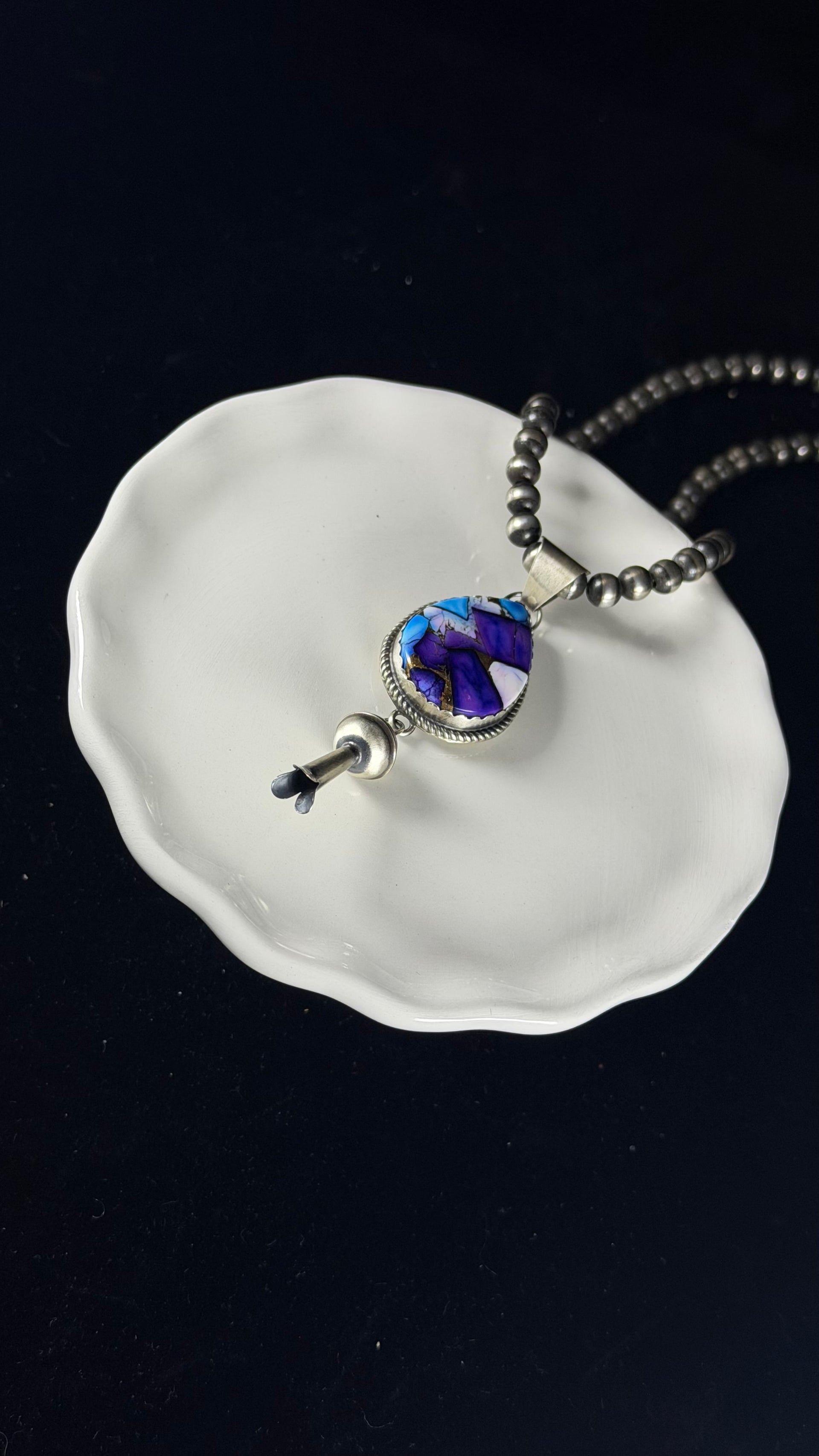 Navajo Made Purple Mohave Turquoise & Sterling Silver Blossom Pendant