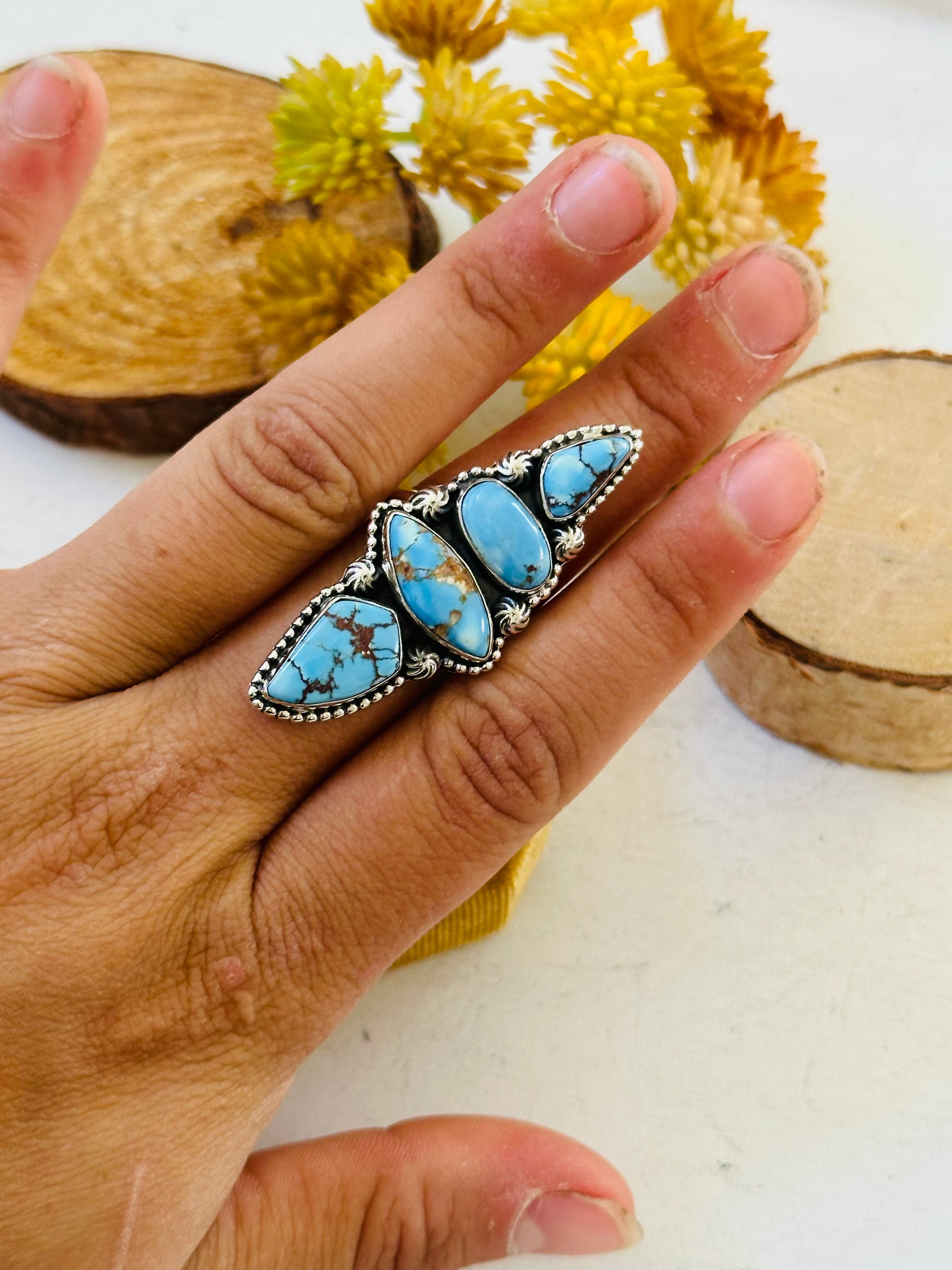 Southwest Handmade Golden Hills Turquoise & Sterling Silver Ring Size 8