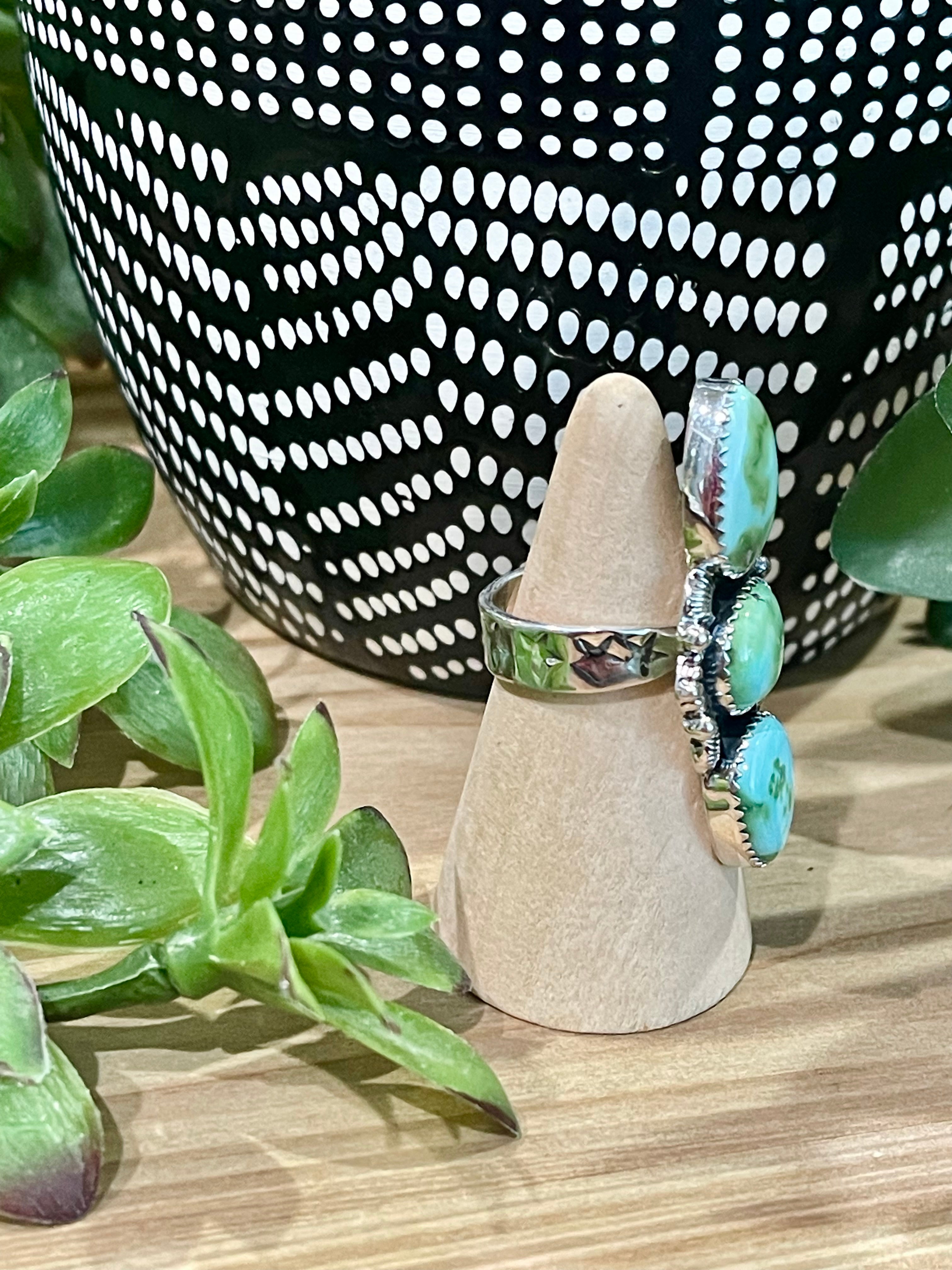 Southwest Handmade Sonoran Mountain Turquoise & Sterling Silver 3 Stone Adjustable Ring