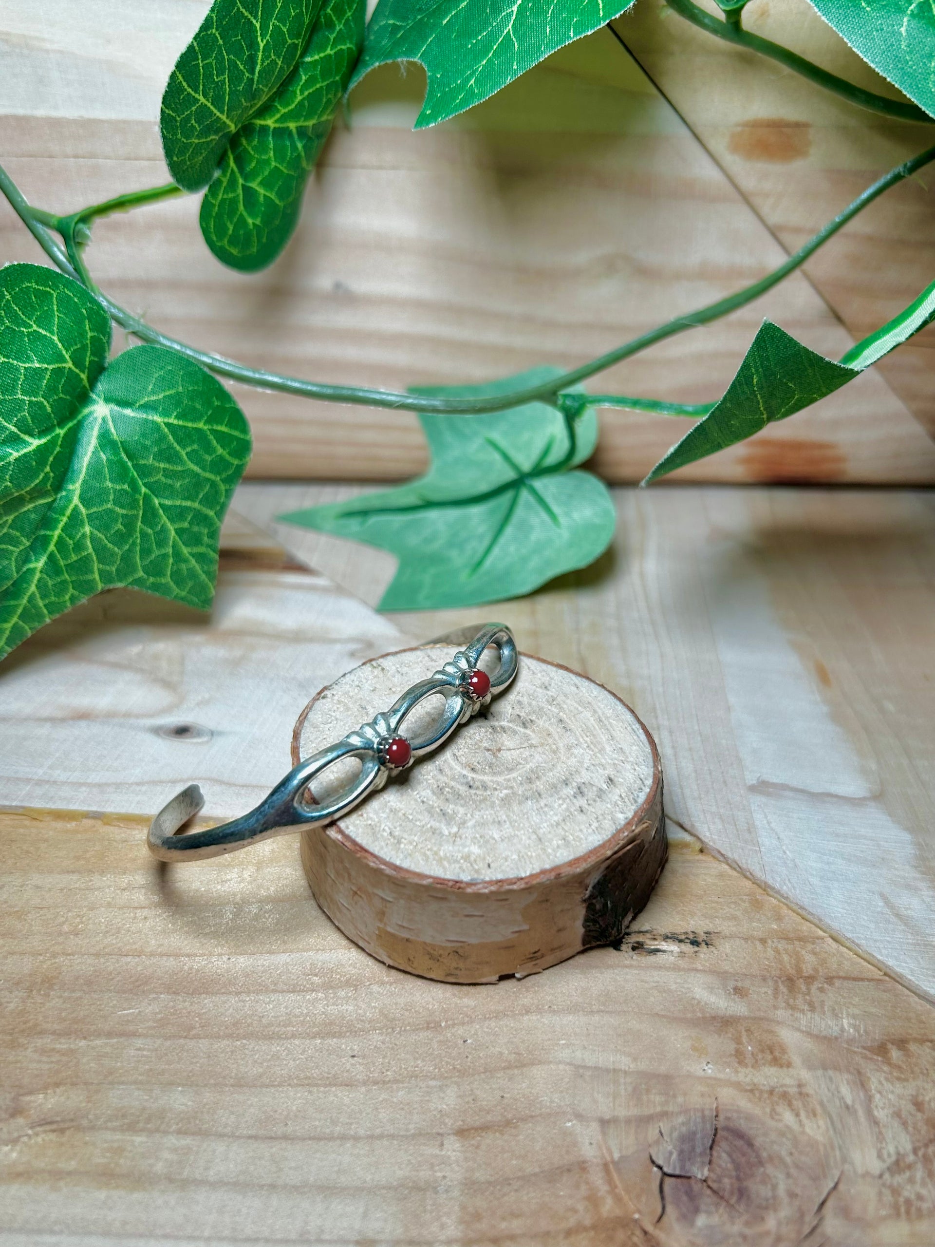 Navajo Made Coral & Sterling Silver Cuff Bracelet