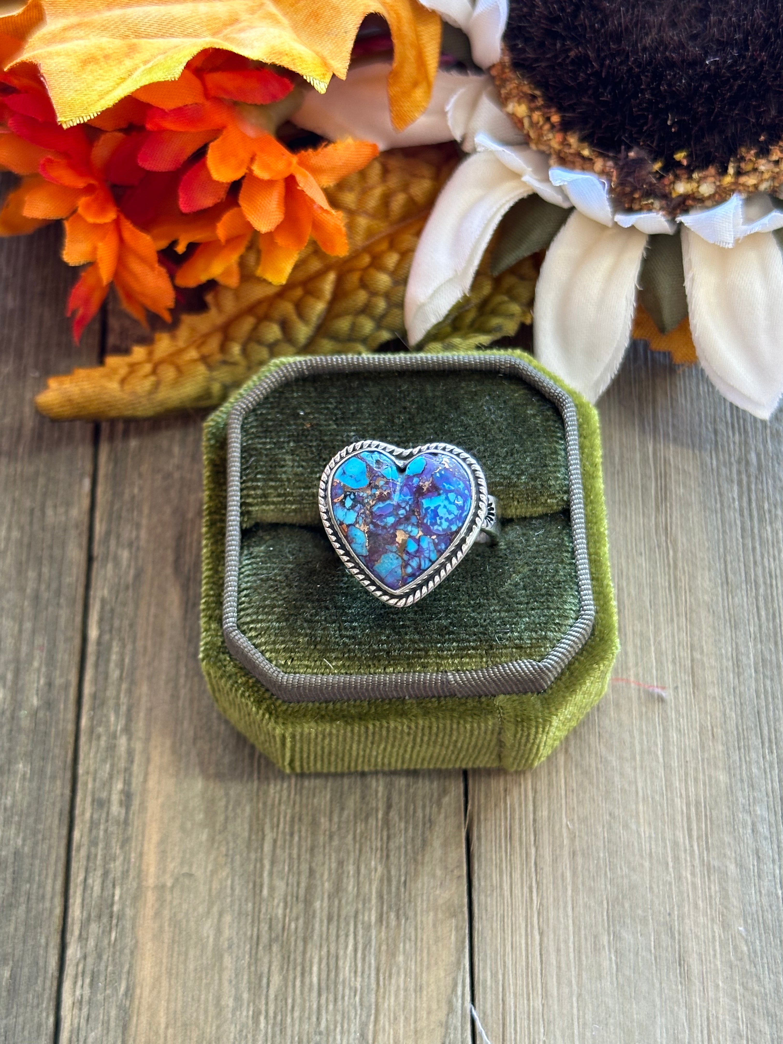 Southwest Handmade Mohave Turquoise & Sterling Silver Adjustable Heart Ring