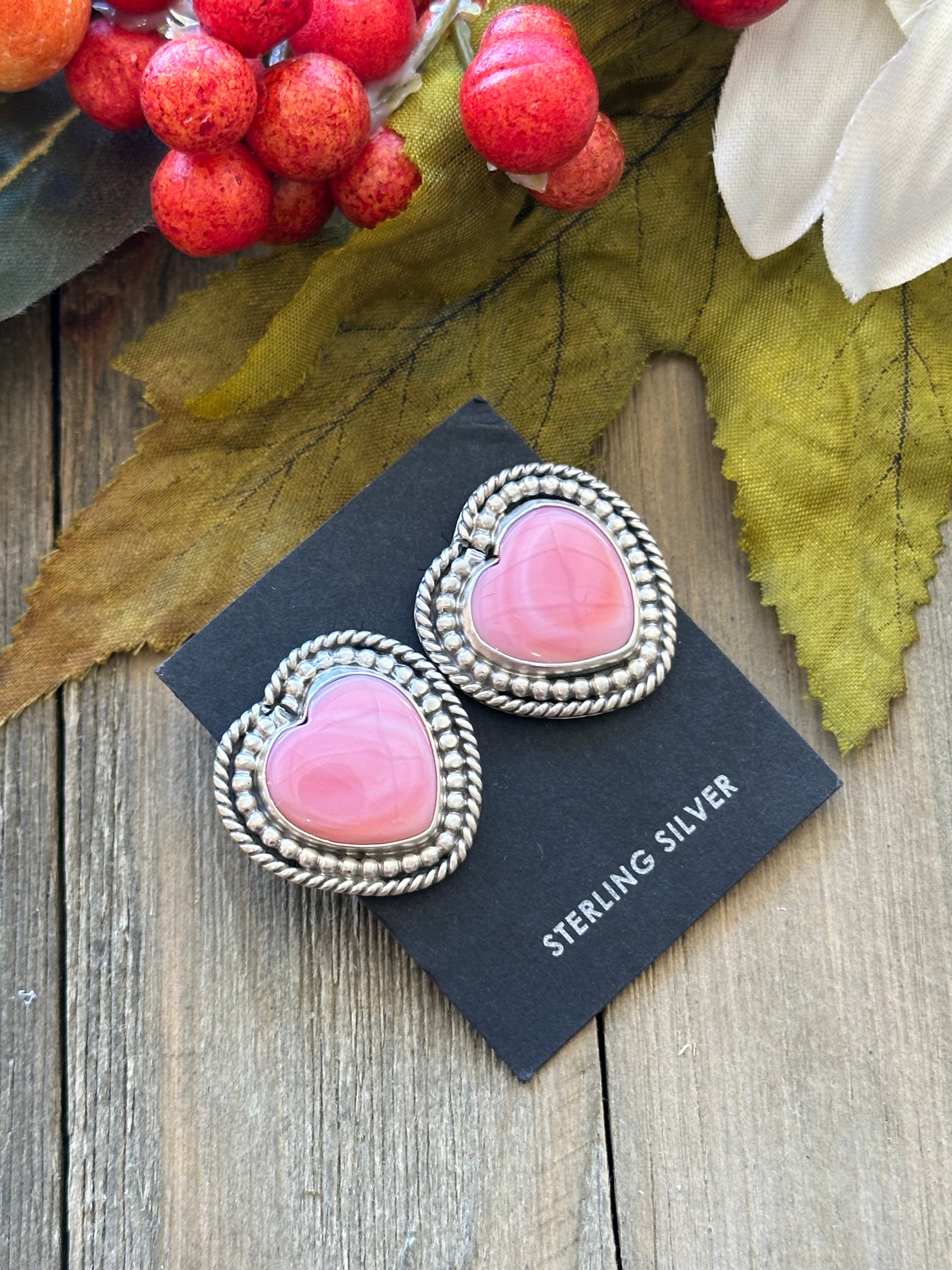 Navajo Handmade Pink Conch & Sterling Silver Post Heart Earrings