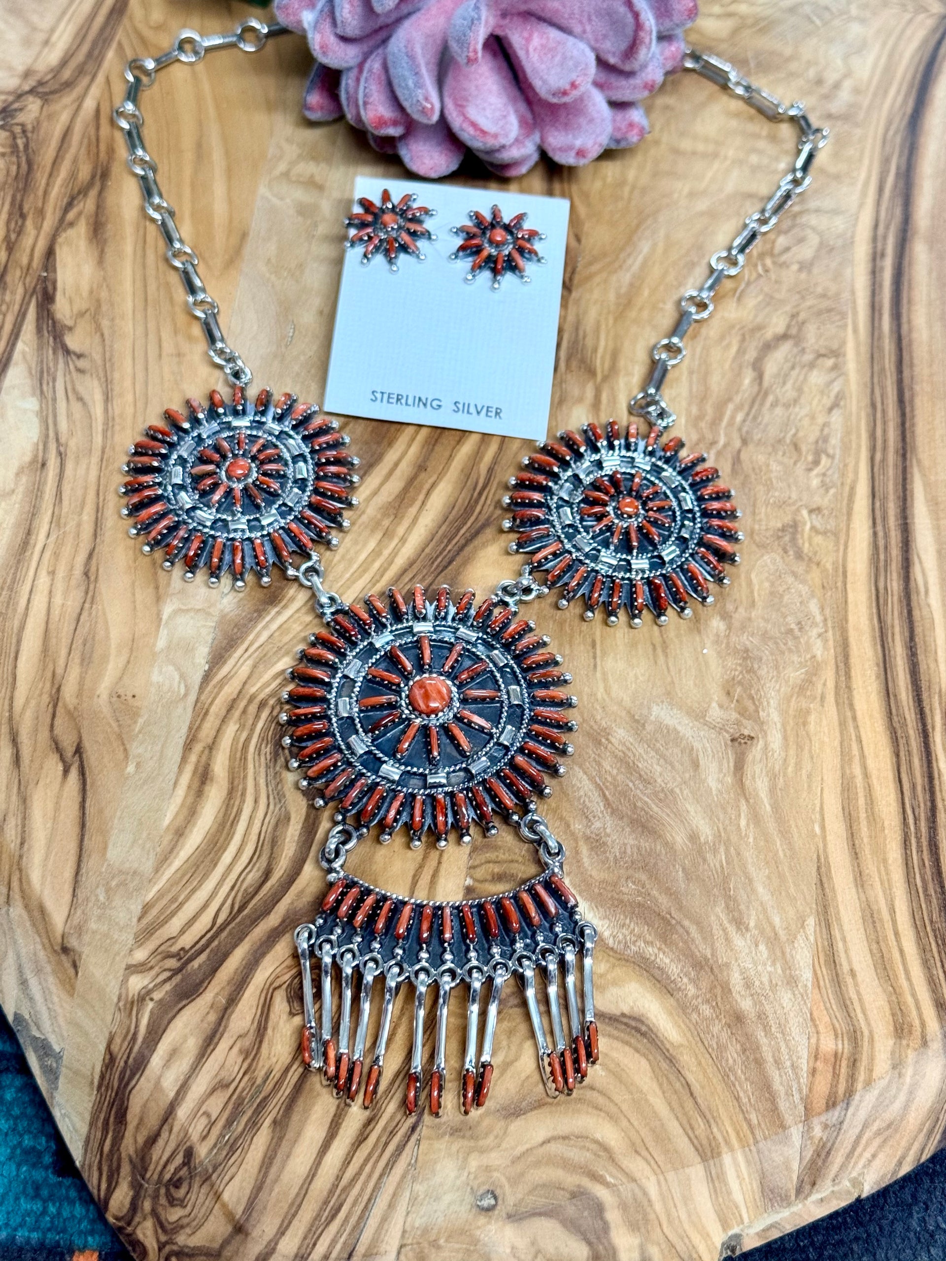 Southwest Coral & Sterling Silver Necklace Set
