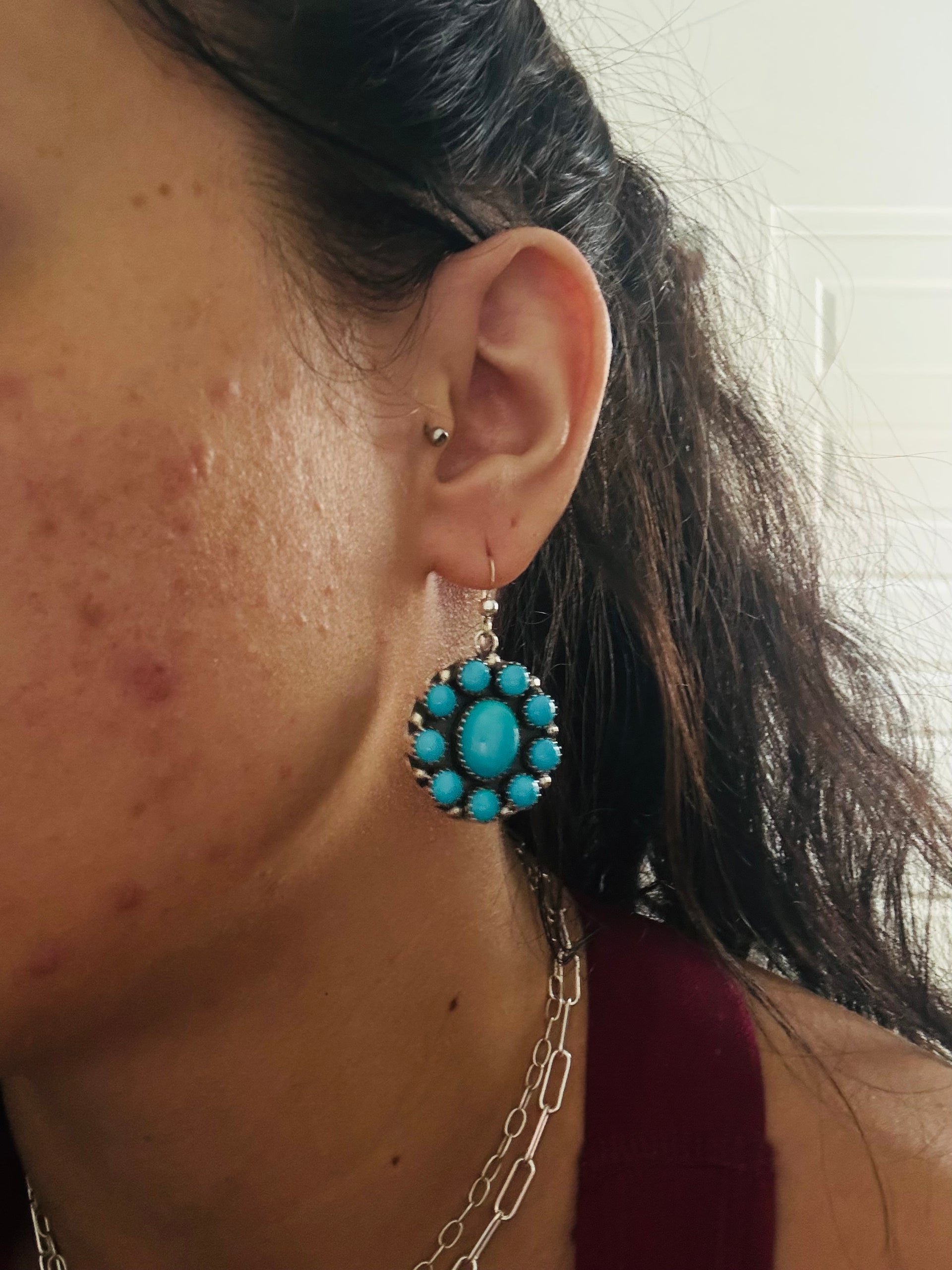 Navajo Made Sleeping Beauty Turquoise & Sterling Silver Dangle Earrings