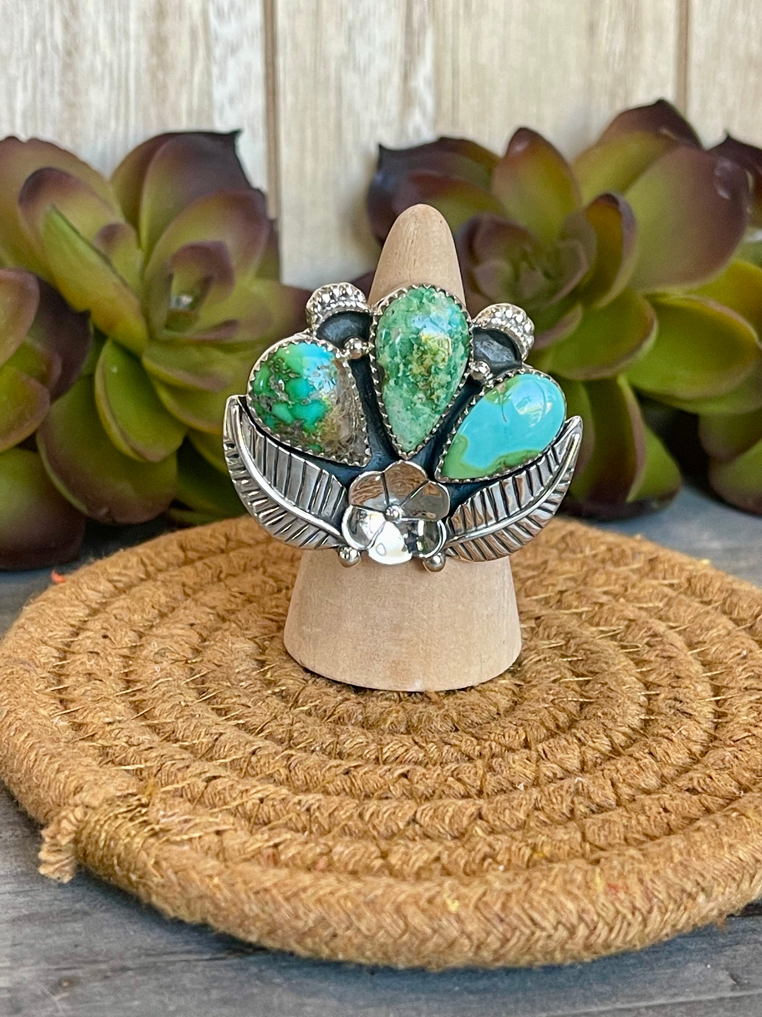 Southwest Handmade Sonoran Mountain Turquoise & Sterling Silver Adjustable Flower Ring