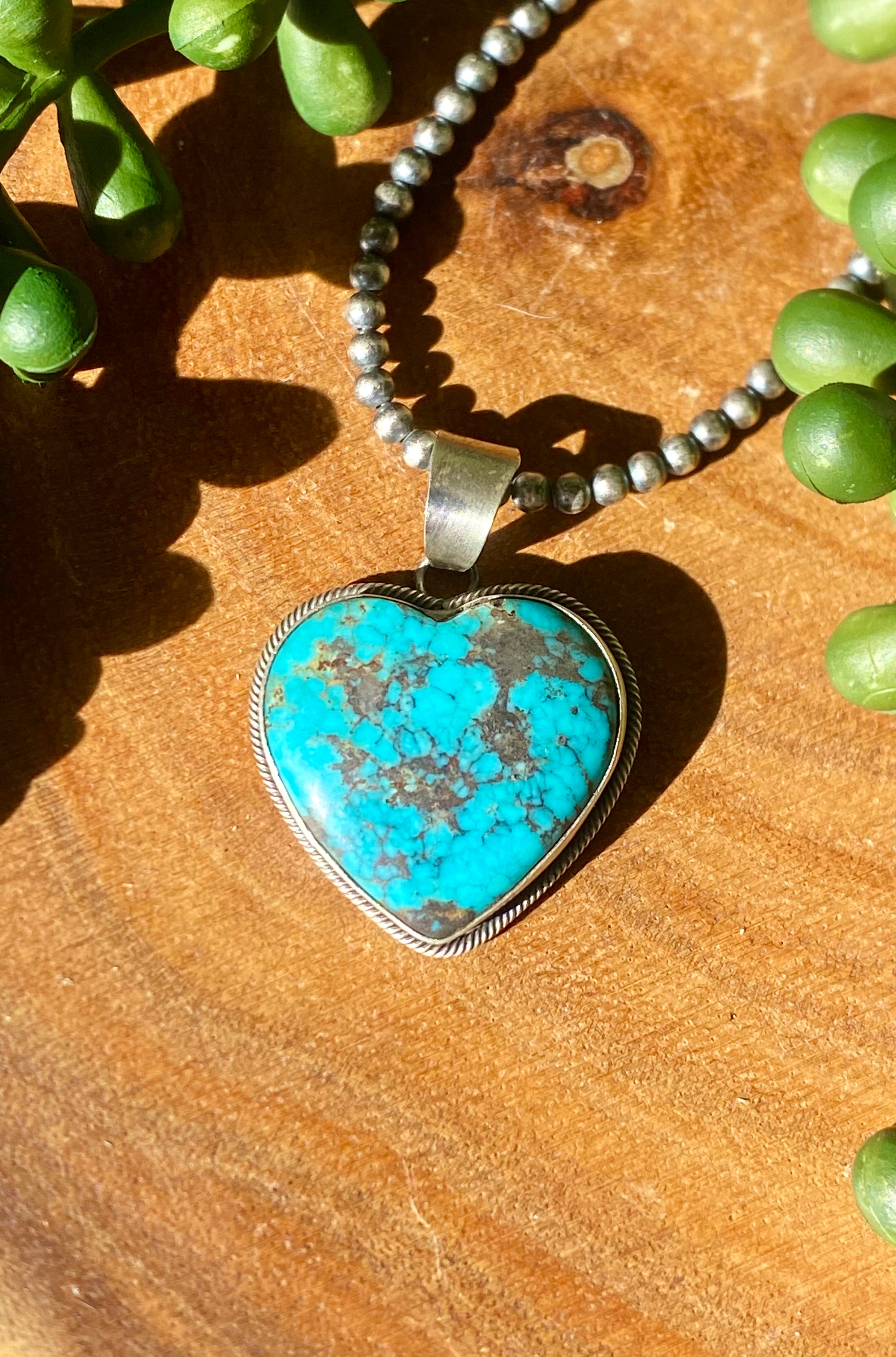 Navajo Made Kingman Turquoise & Sterling Silver Heart Shape PENDANT ONLY