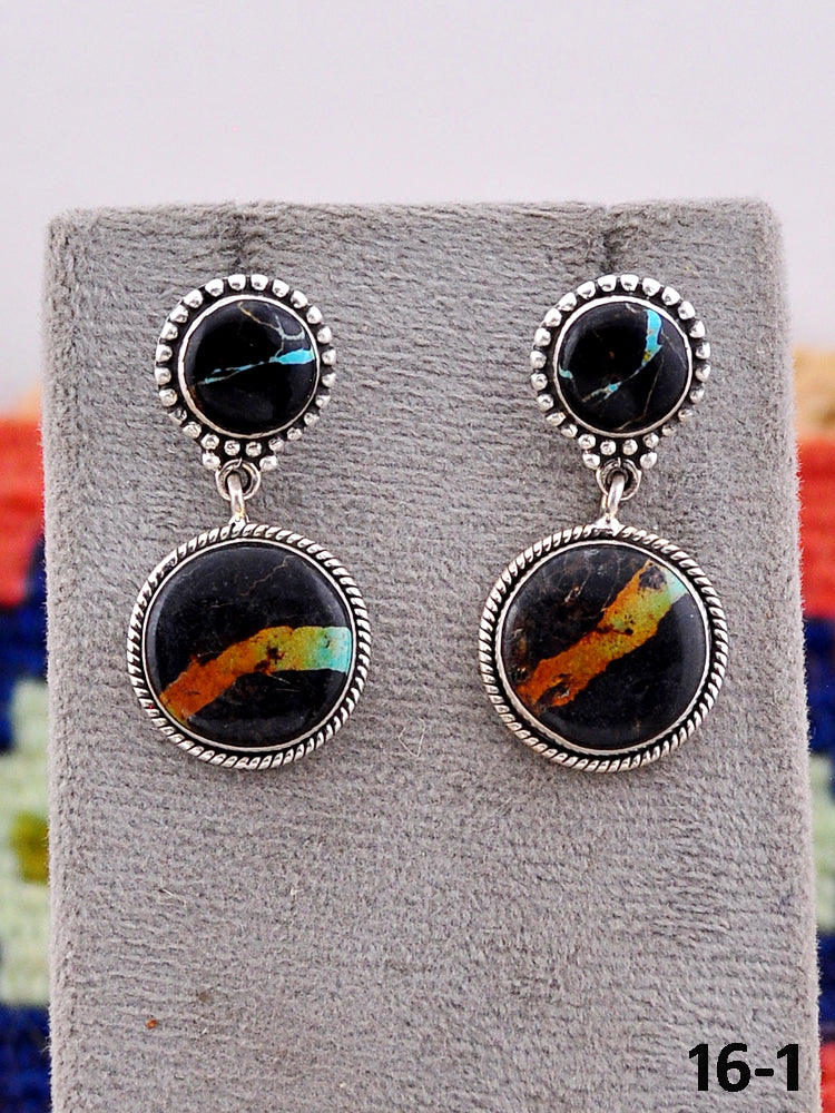 Southwest Handmade Black Jack Turquoise & Sterling Silver Post Dangle Earrings