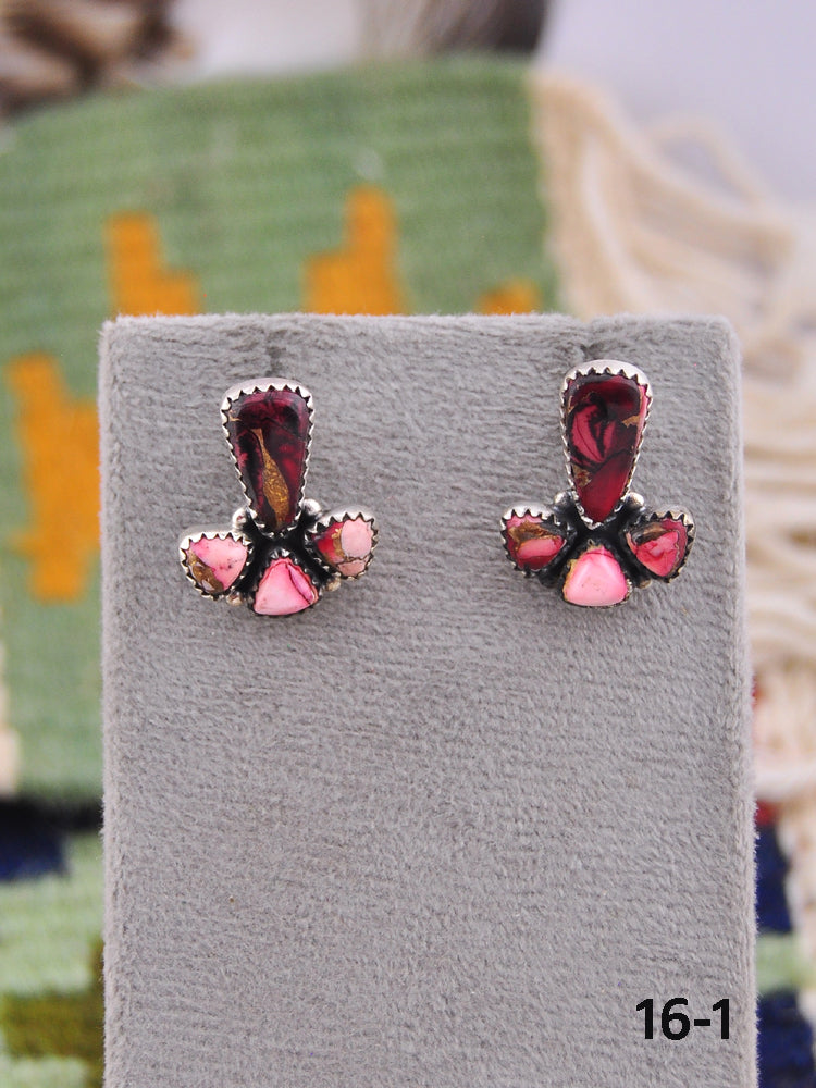 Southwest Made Rose Dahlia & Sterling Silver Post Earrings