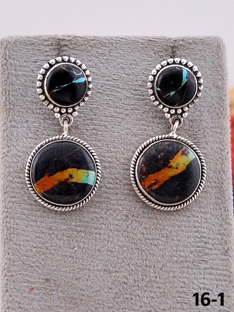 Southwest Handmade Black Jack Turquoise & Sterling Silver Post Dangle Earrings