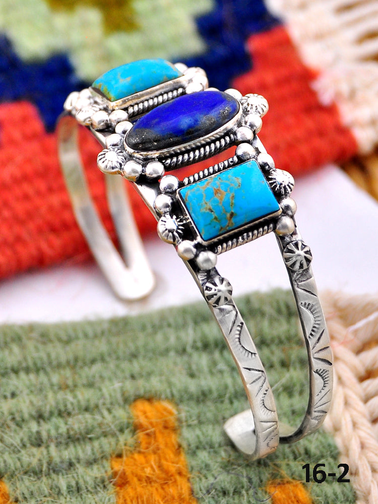 Southwest Handmade Kingman turquoise with lapis luzuli & Sterling Silver Cuff Bracelet