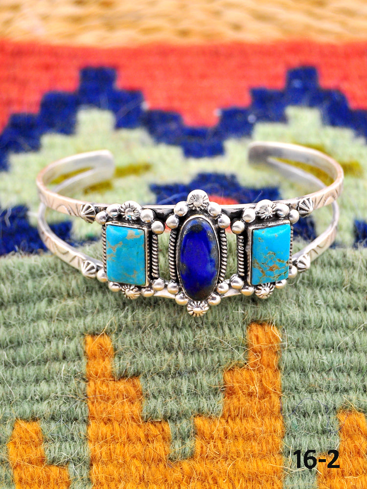 Southwest Handmade Kingman turquoise with lapis luzuli & Sterling Silver Cuff Bracelet