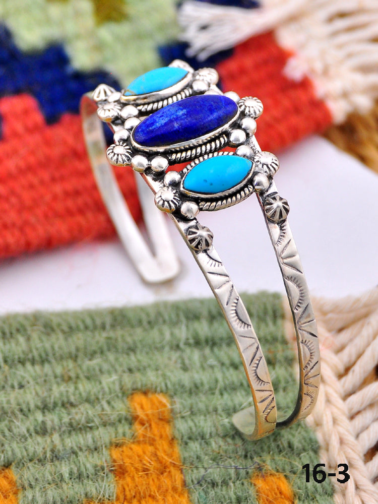 Southwest Handmade Kingman turquoise with lapis luzuli & Sterling Silver Cuff Bracelet