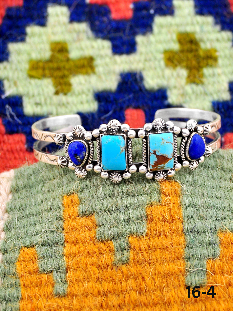 Southwest Handmade Kingman turquoise with lapis luzuli & Sterling Silver Cuff Bracelet