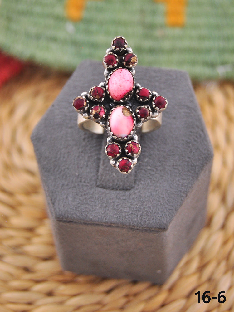 Southwest Handmade Rose Dahlia & Sterling Silver Adjustable Ring