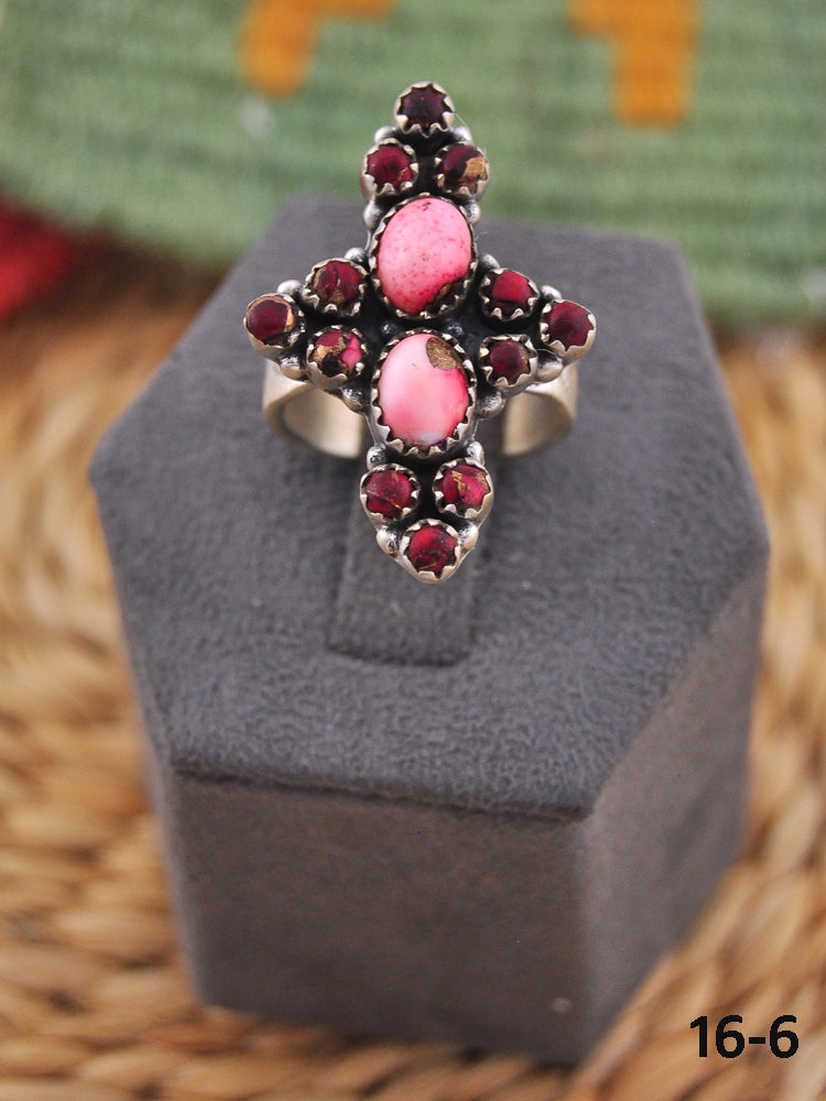 Southwest Handmade Rose Dahlia & Sterling Silver Adjustable Ring