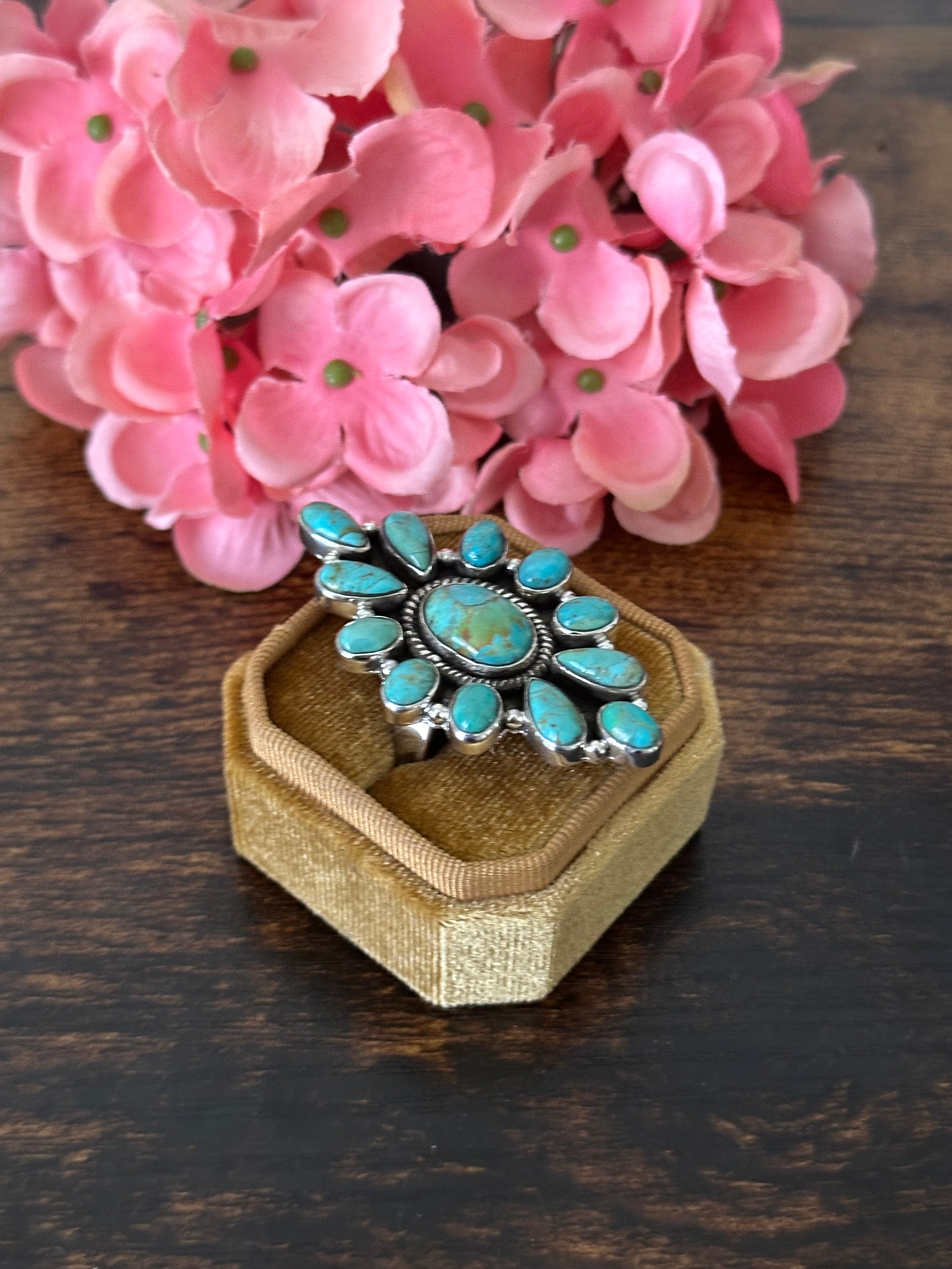 Southwest Handmade Kingman Turquoise & Sterling Silver Cluster Adjustable Ring