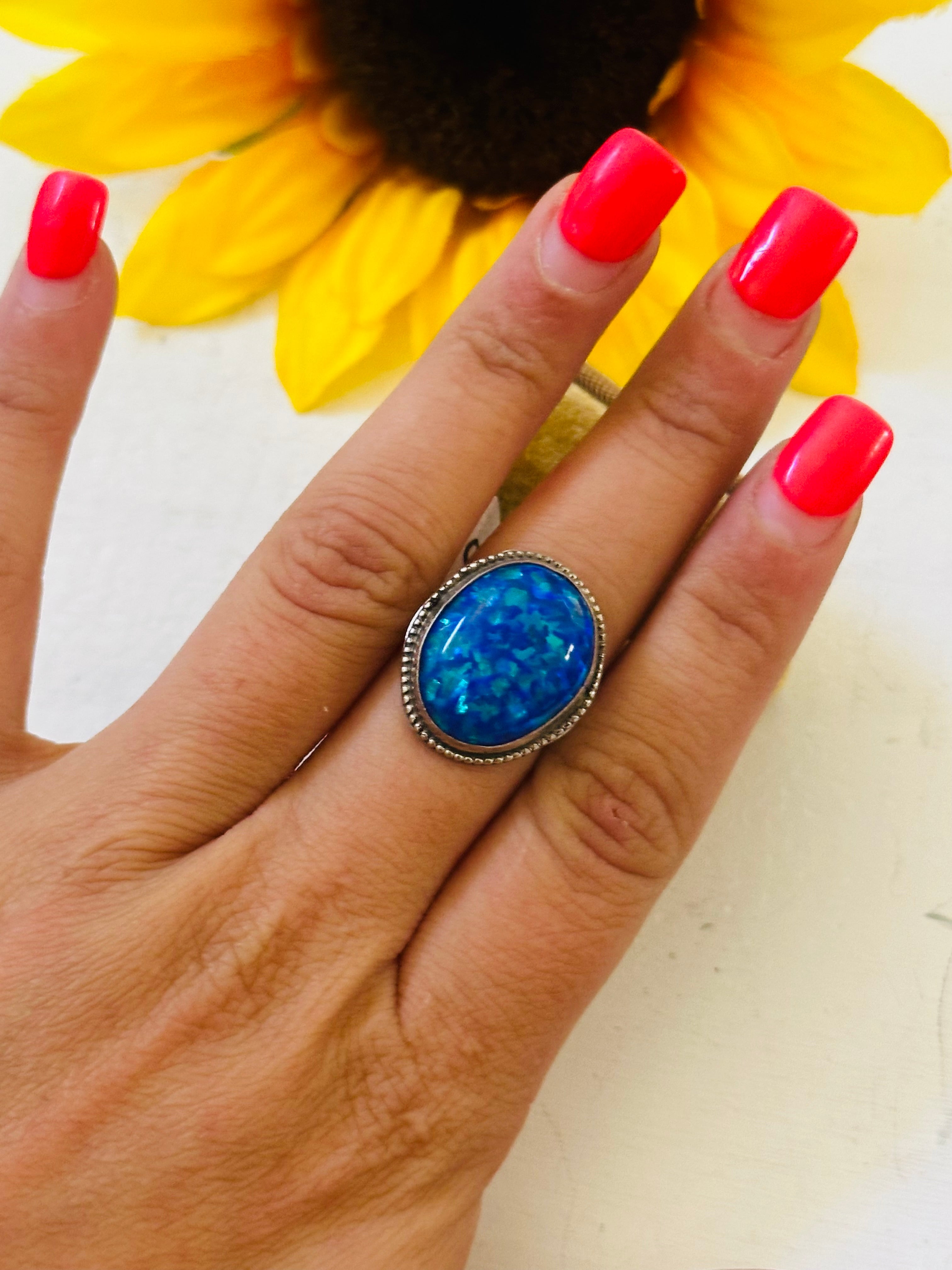 Navajo Made Blue Opal & Sterling Silver Ring Size 8