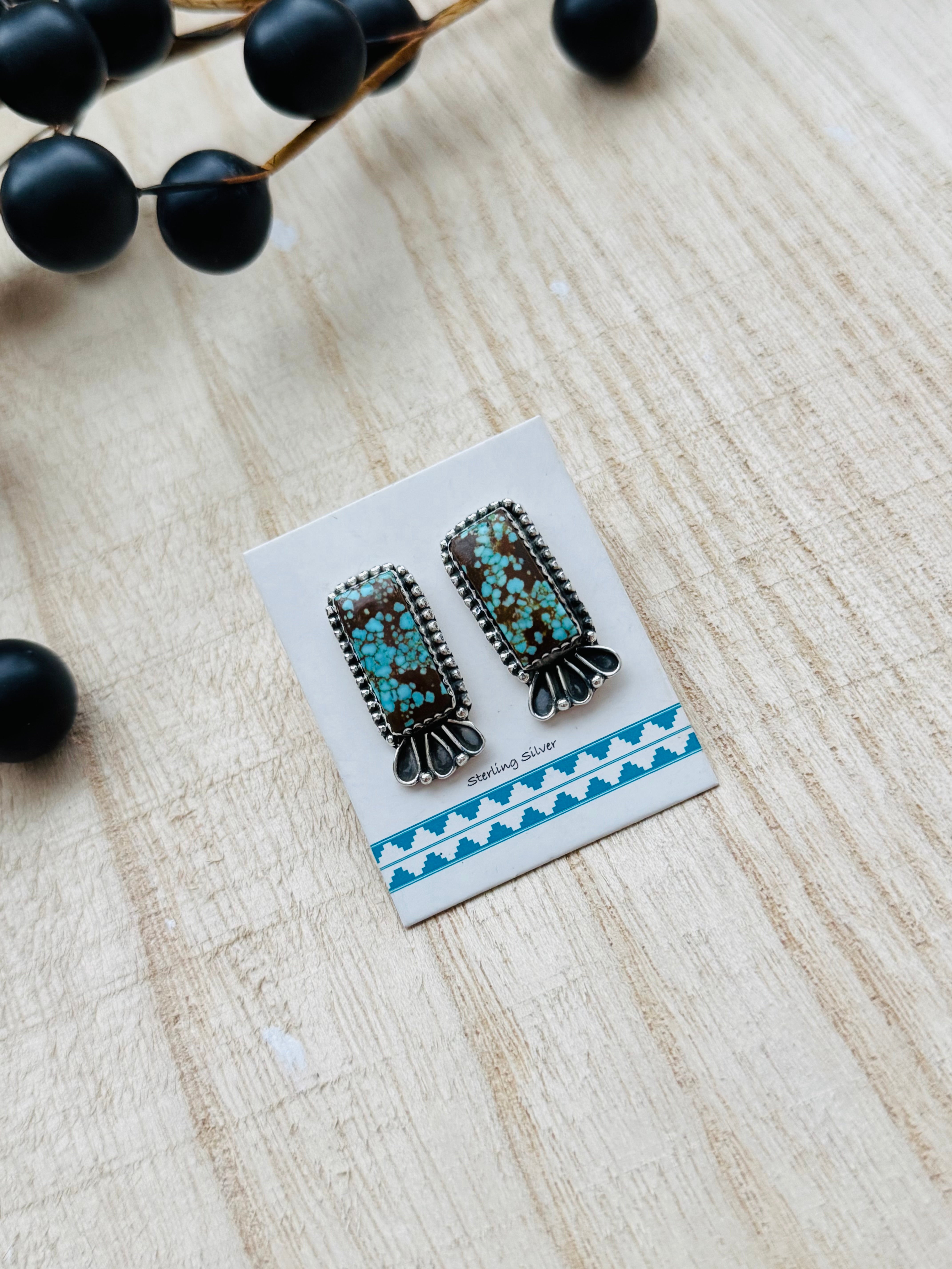 Southwest Handmade #8 Turquoise & Sterling Silver Post Bar Earrings