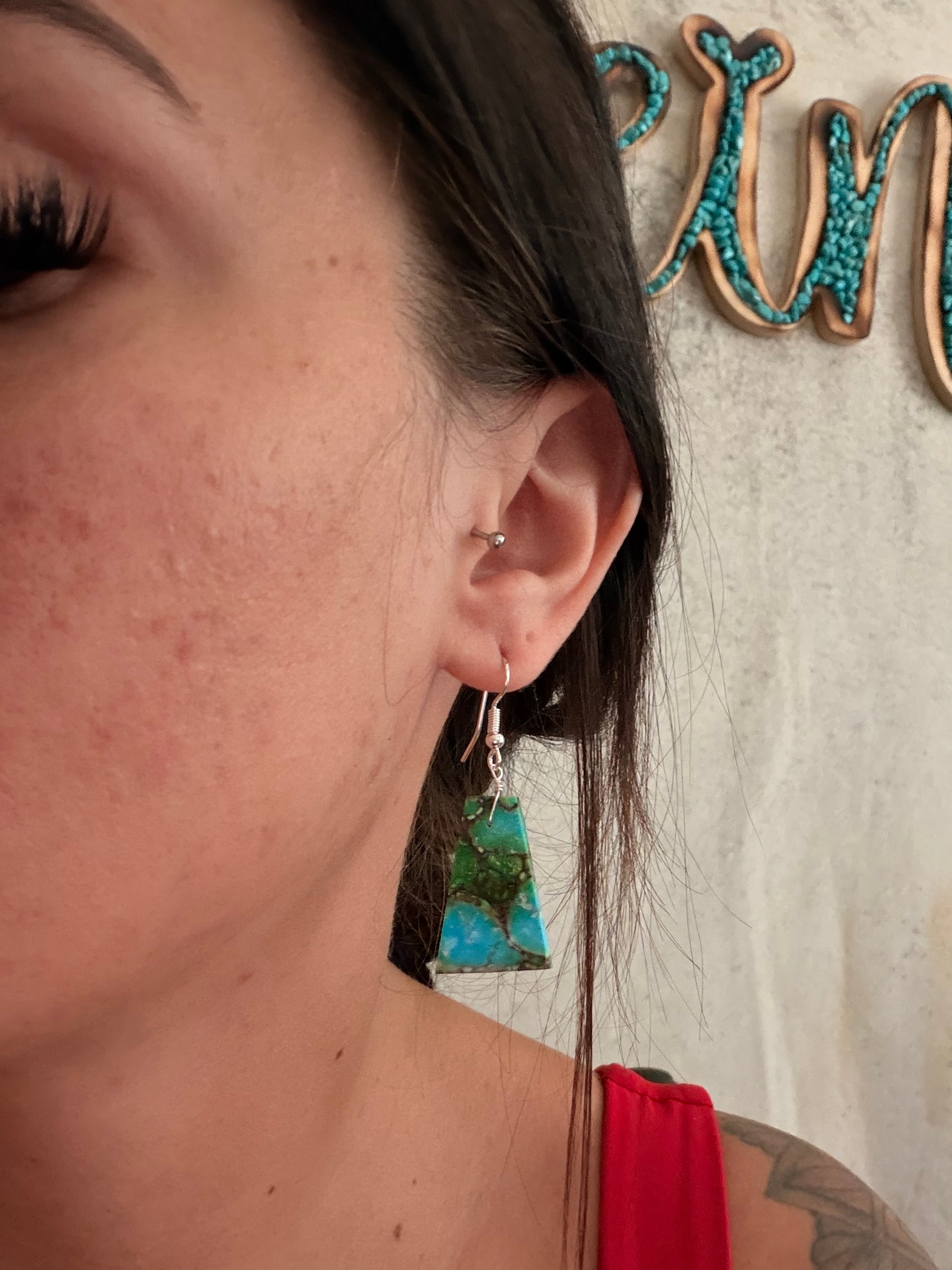 Navajo Made Green Mohave Turquoise & Sterling Silver Slab Dangle Earrings
