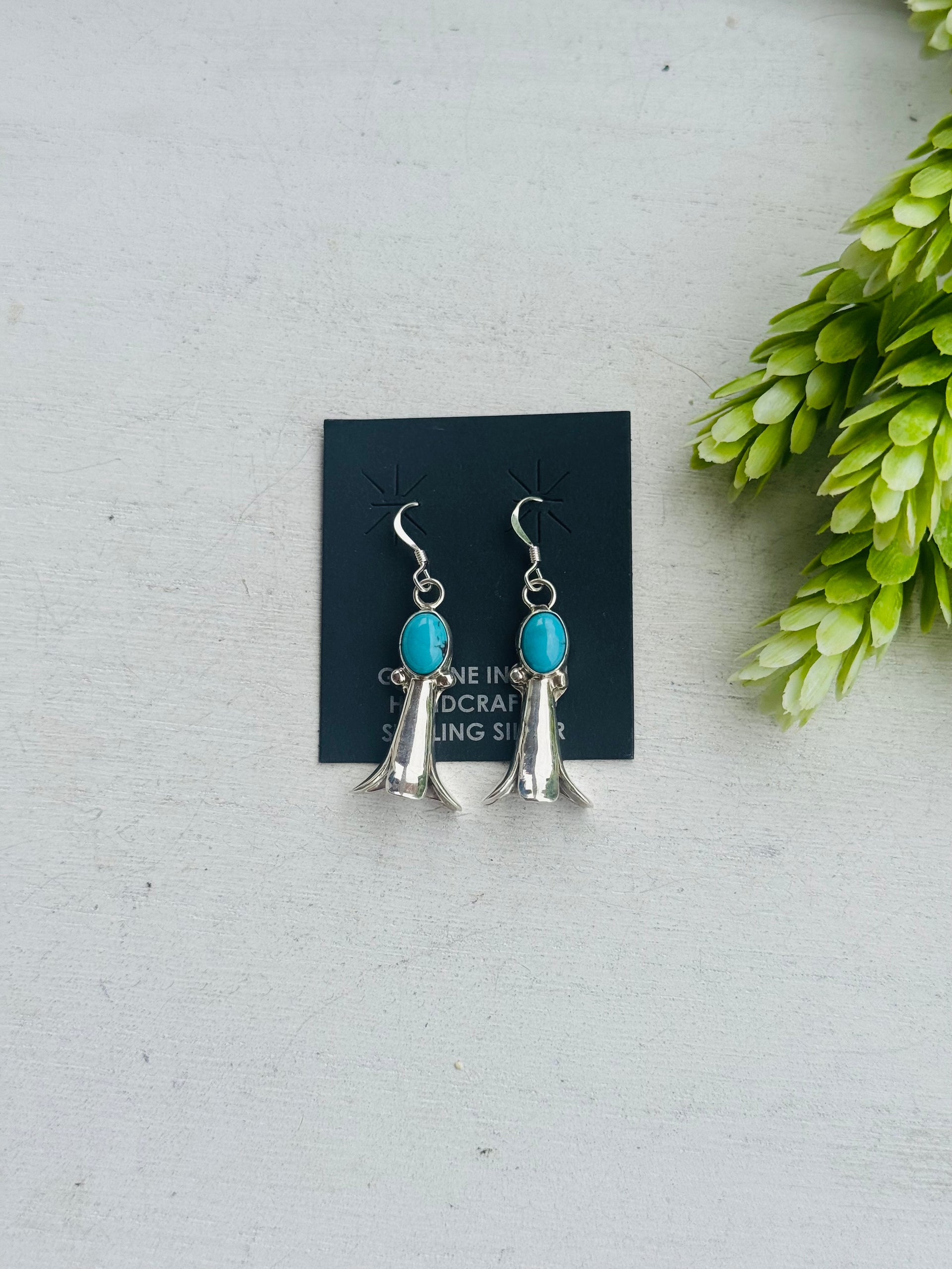 Navajo Made Kingman Turquoise & Sterling Silver Dangle Blossom Earrings