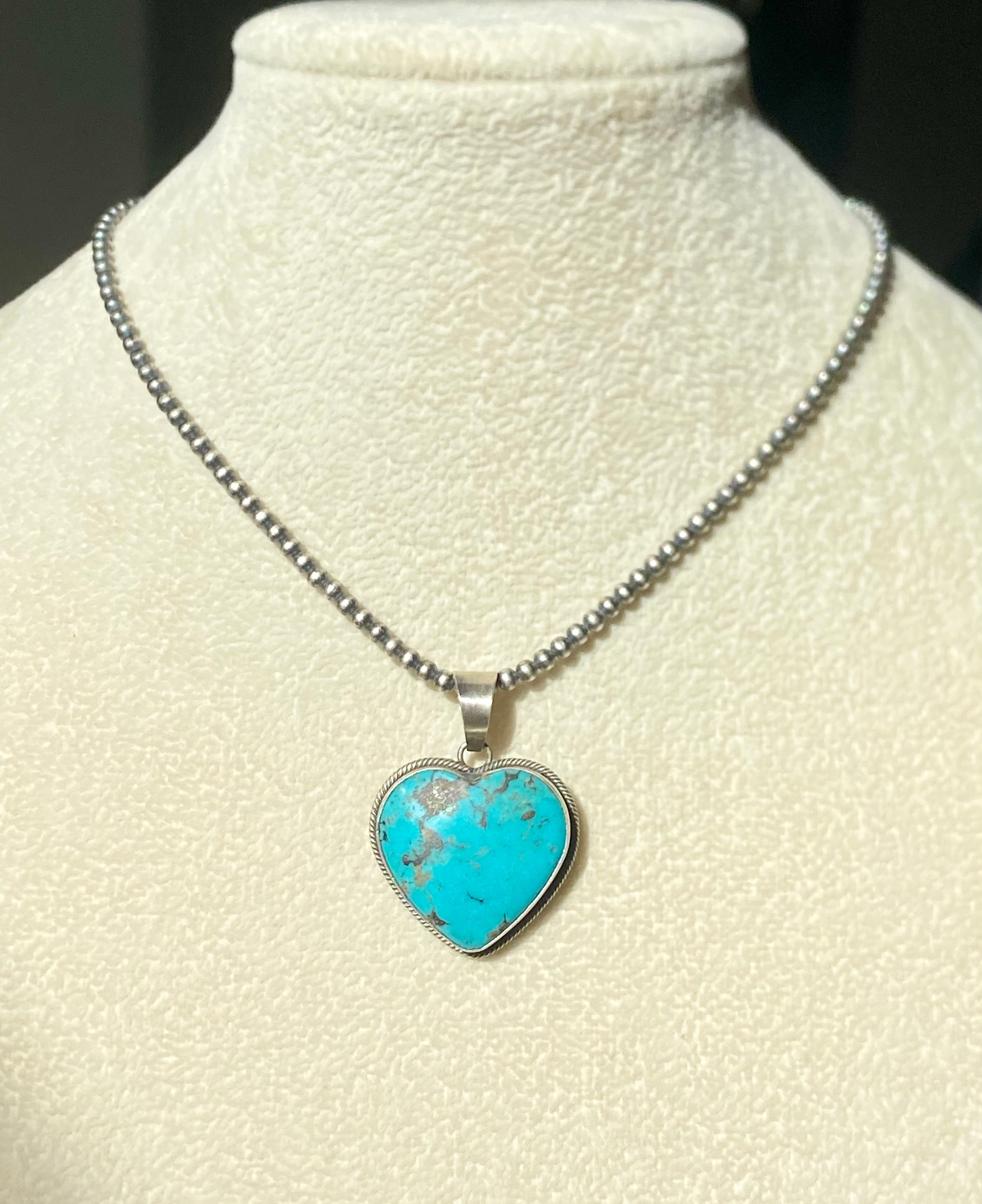 Navajo Made Kingman Turquoise & Sterling Silver Heart Shape PENDANT ONLY