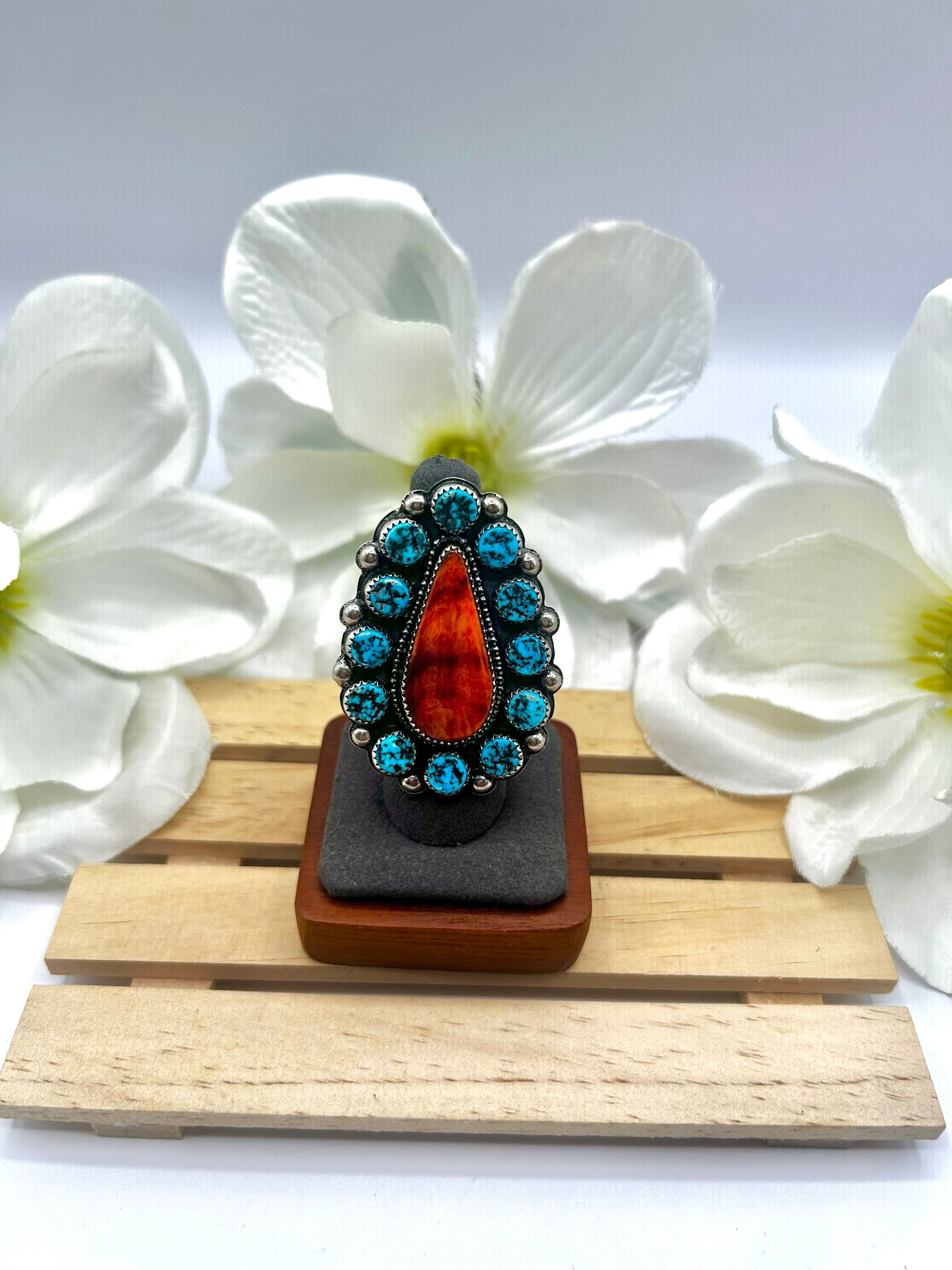 Navajo Made Multi Stone & Sterling Silver Adjustable Ring