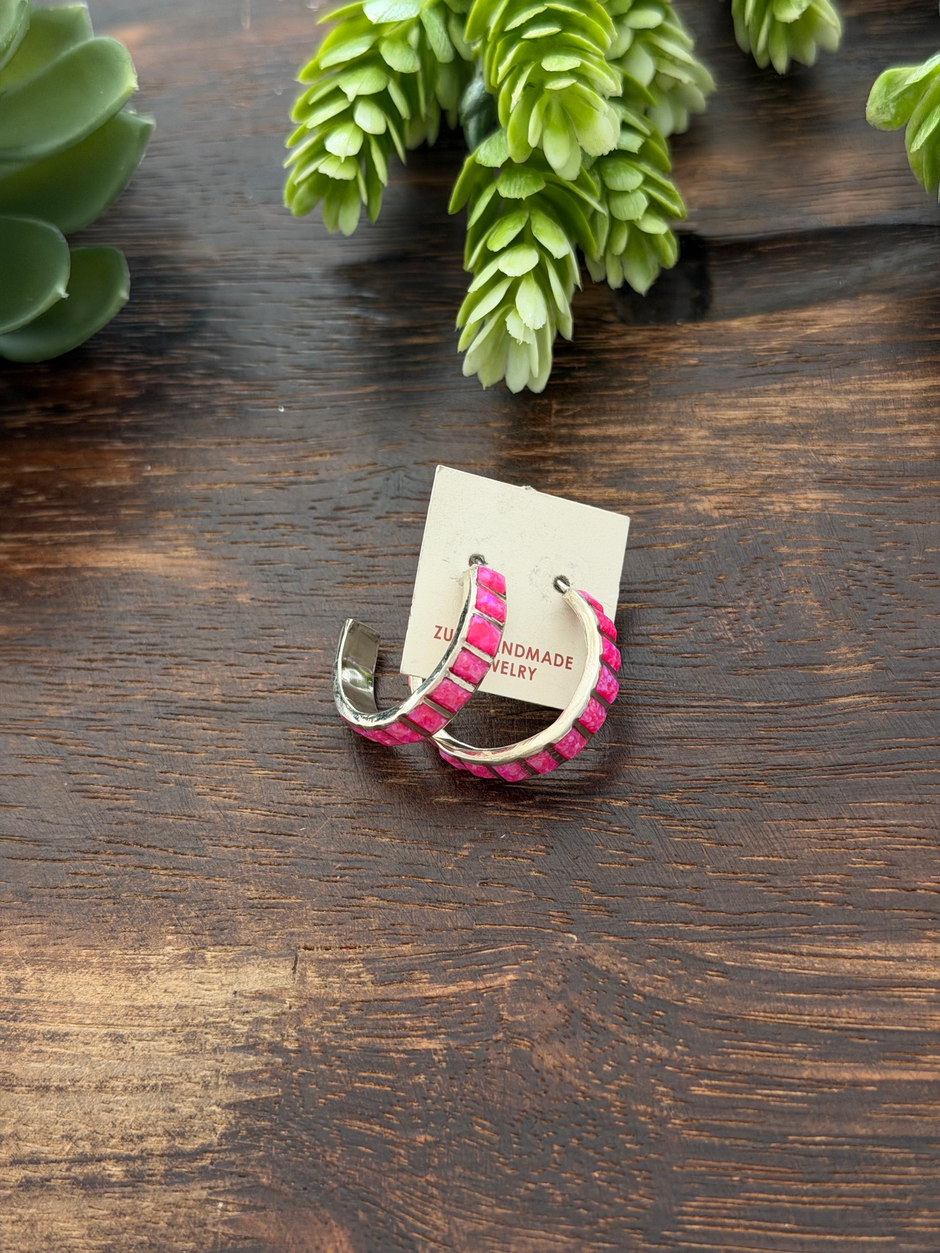 Zuni Made Pink Opal(Man-Made) & Sterling Silver Post Hoop Earrings