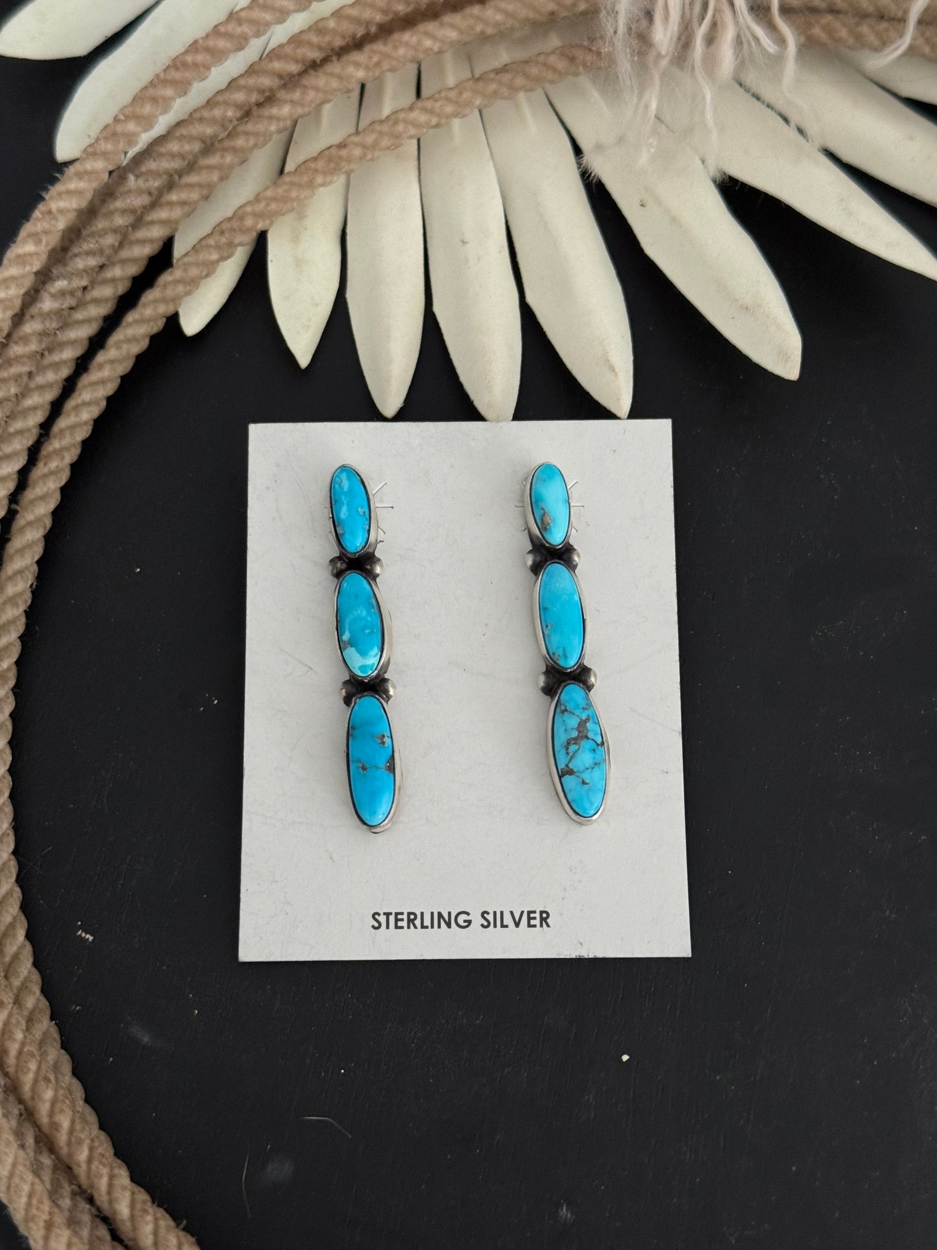 Navajo Made Blue Ridge Turquoise & Sterling Silver Post Dangle Earrings
