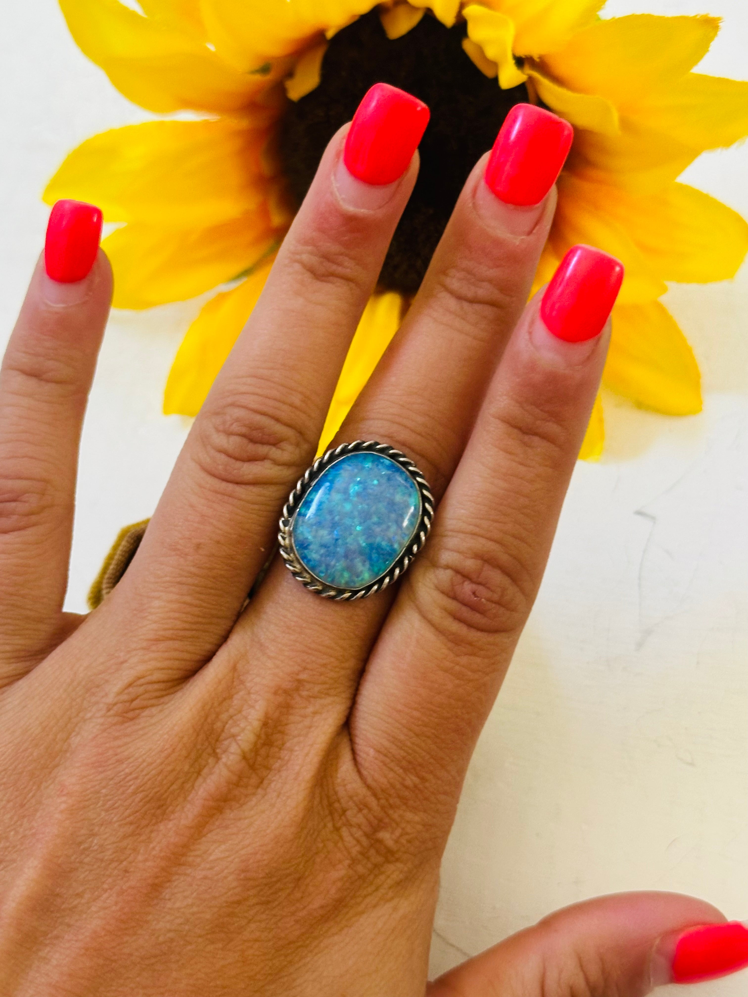 Navajo Made Blue Opal & Sterling Silver Ring Size 8.75