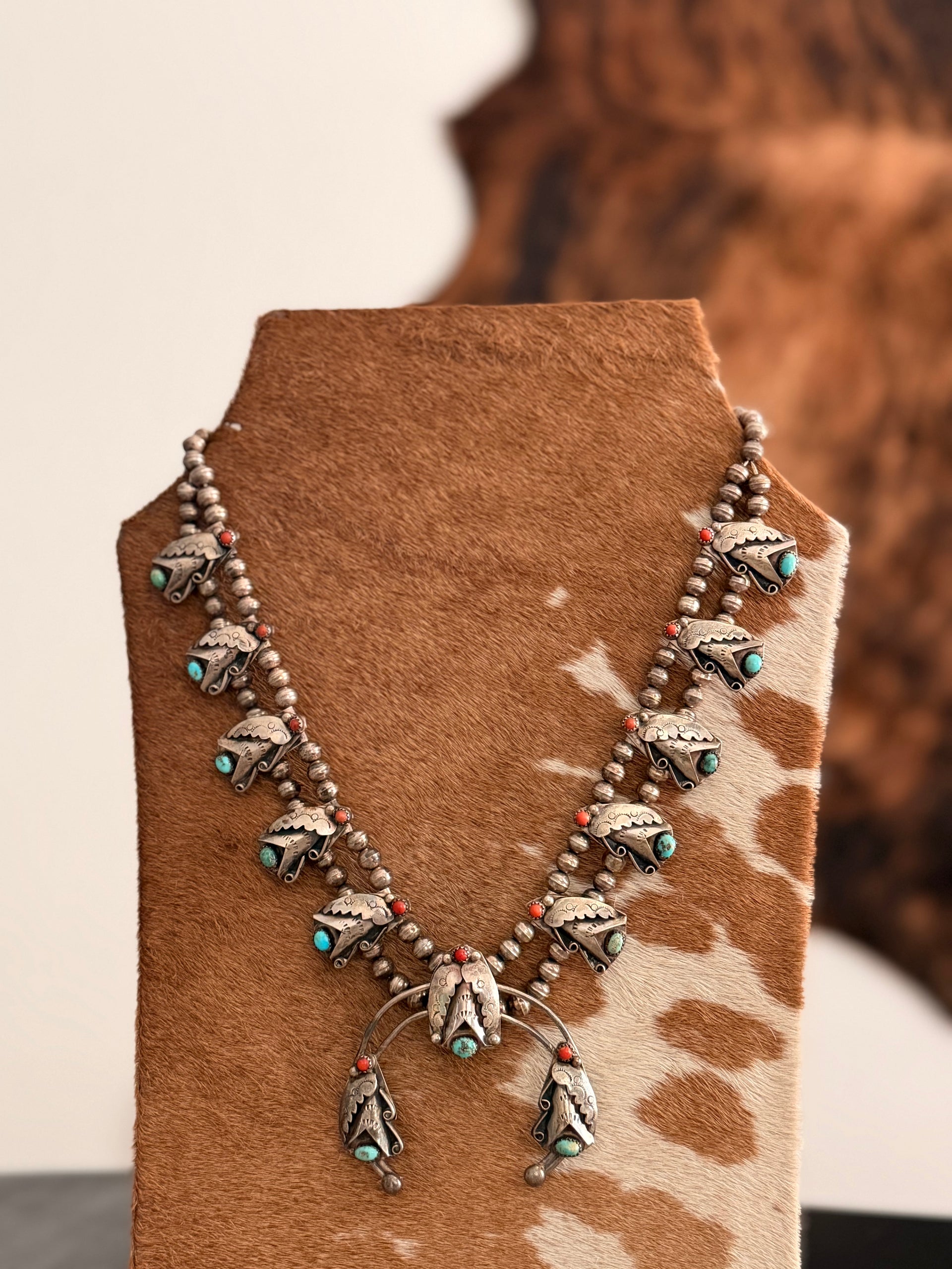 Vintage Navajo Made Multi Stone & Sterling Silver Squash Necklace