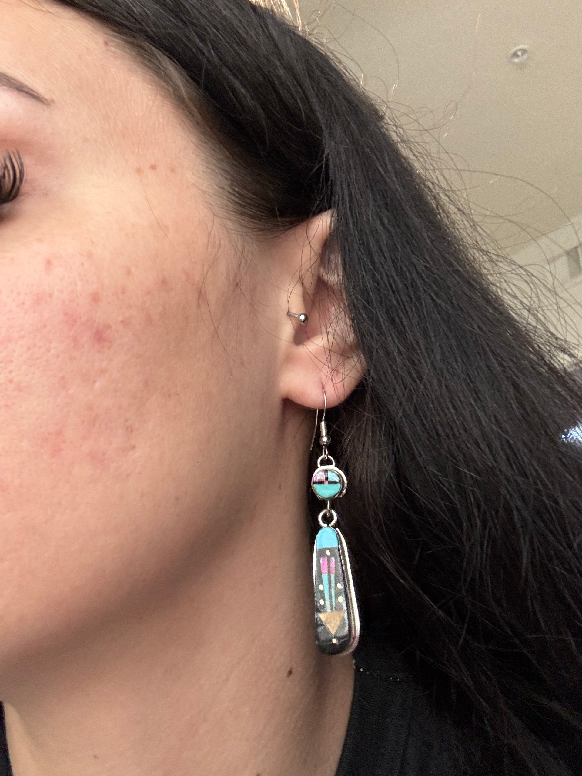 Gilbert Smith Multi Stone & Sterling Silver Inlay Dangle Earrings