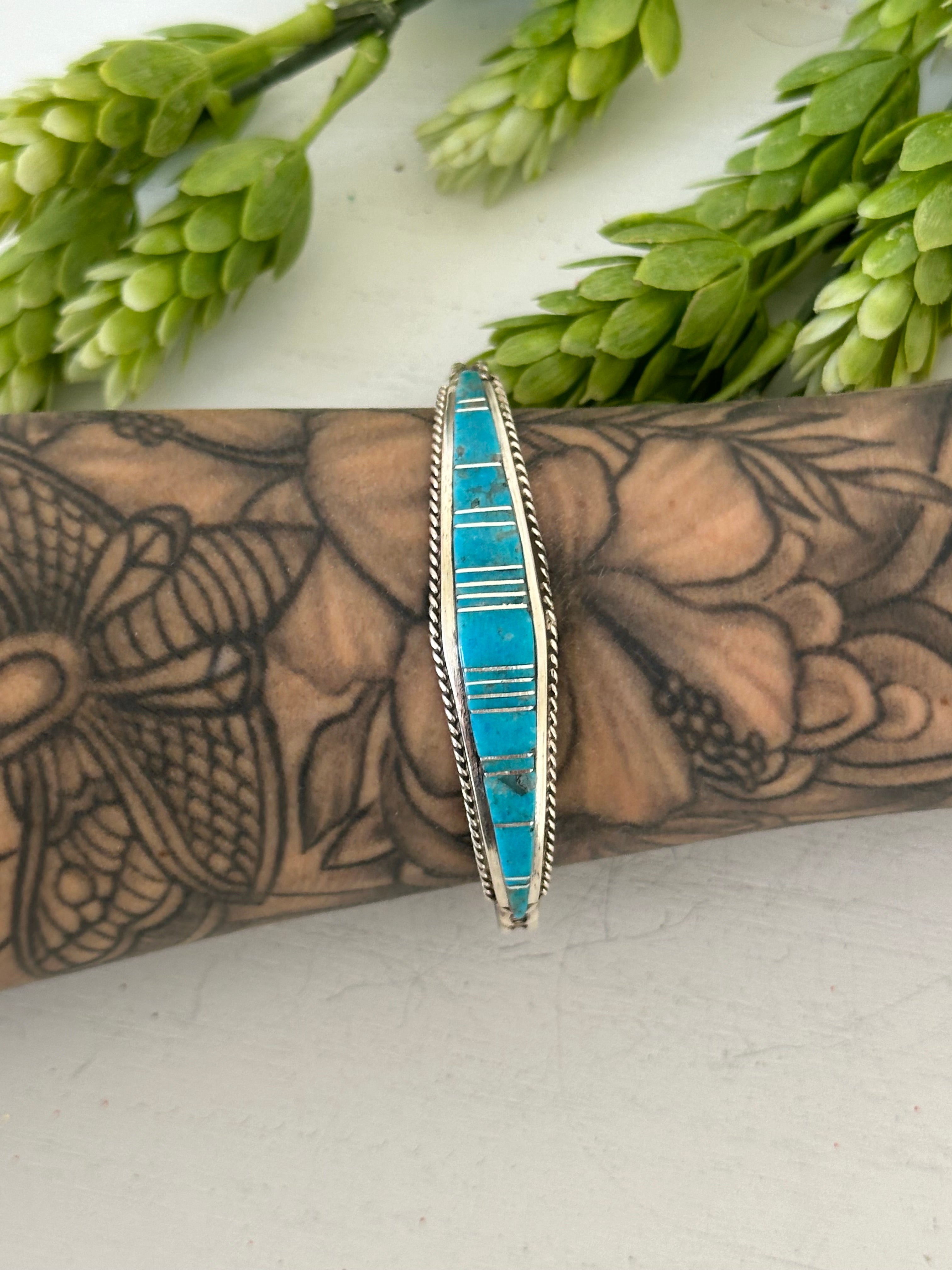 Navajo Made Kingman Turquoise & Sterling Silver Inlay Cuff Bracelet