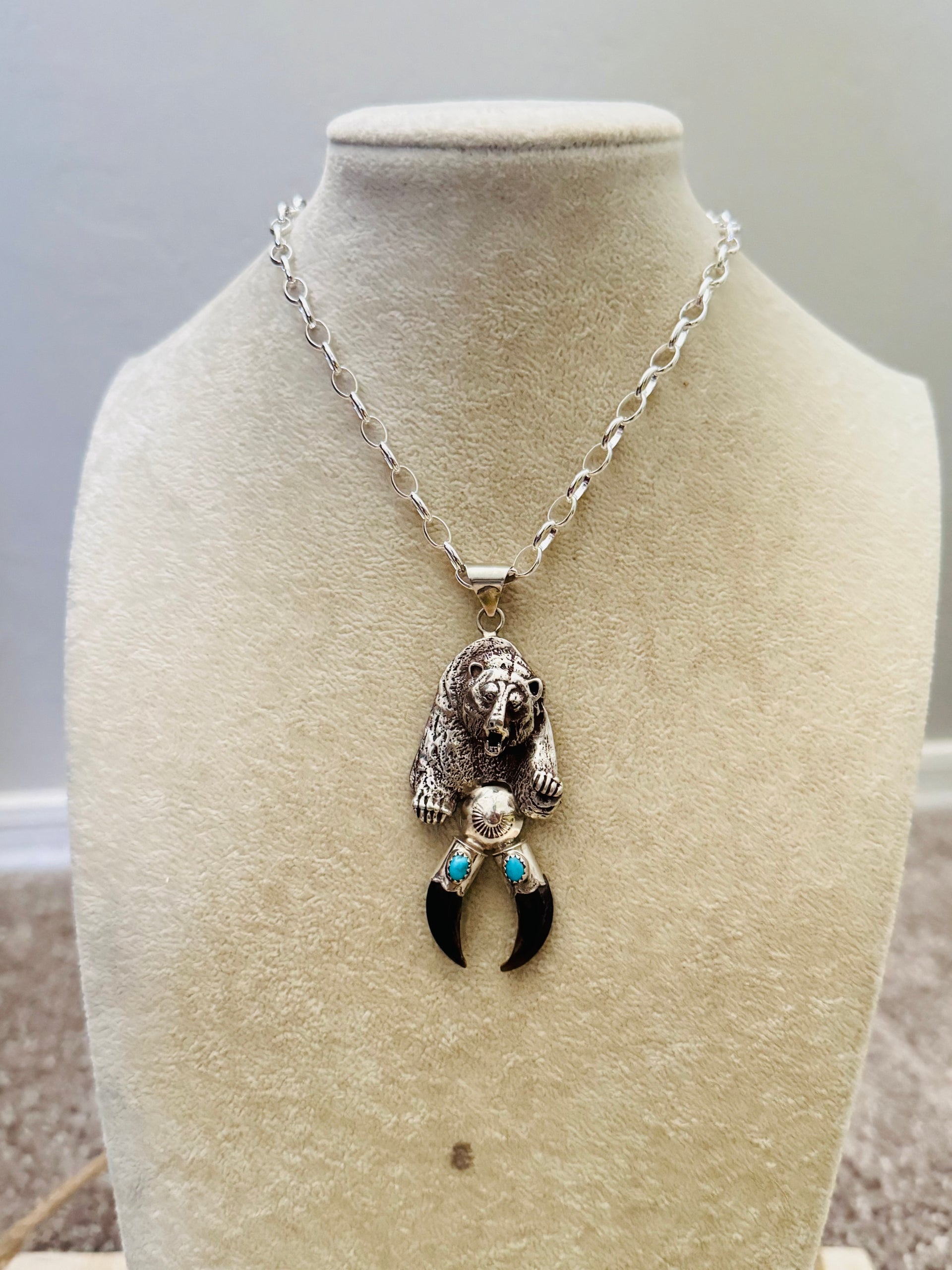Navajo Made Kingman Turquoise & Bear Sterling Silver