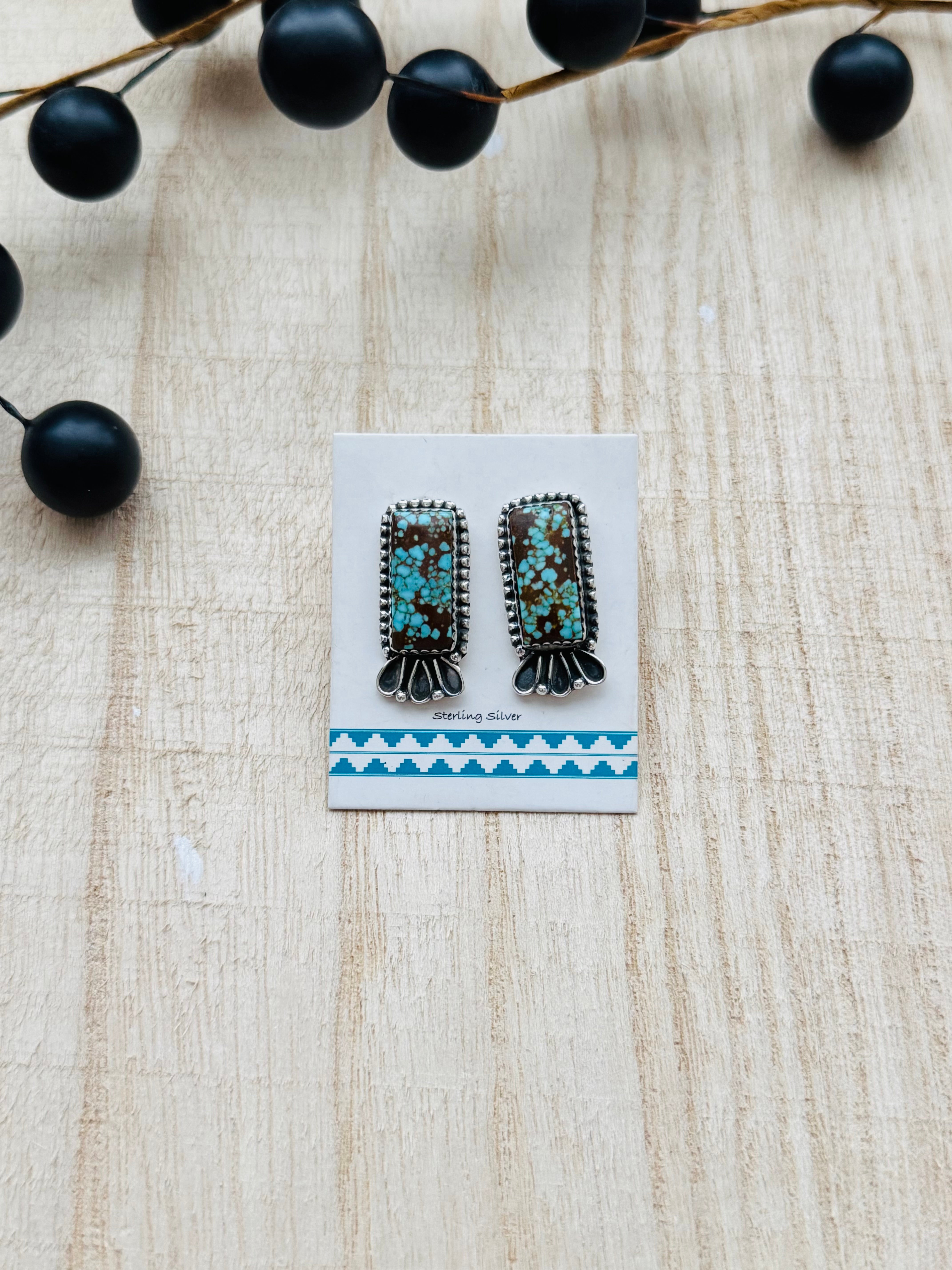 Southwest Handmade #8 Turquoise & Sterling Silver Post Bar Earrings