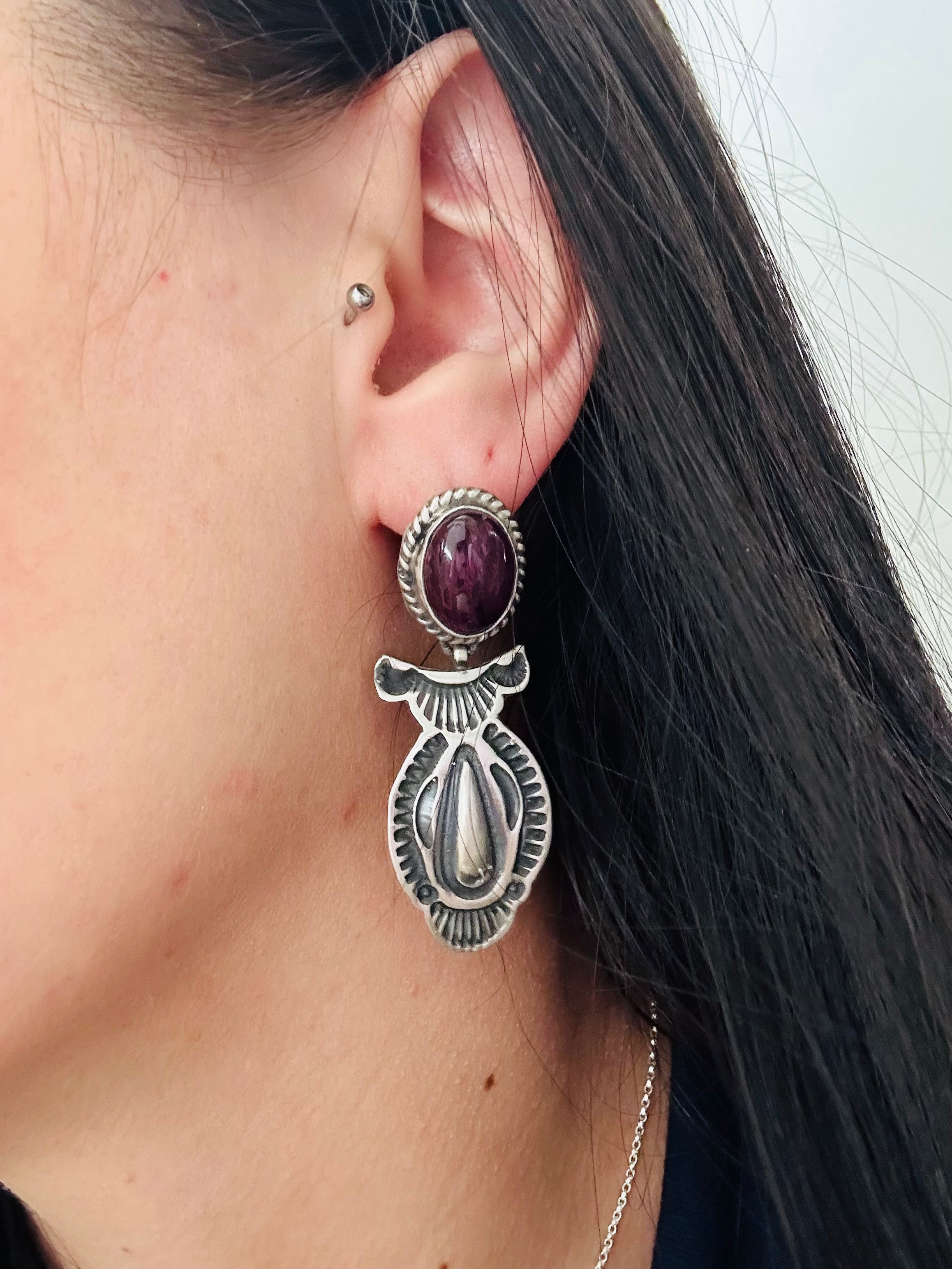 Navajo Made Purple Spiny Oyster & Sterling Silver Post Earrings