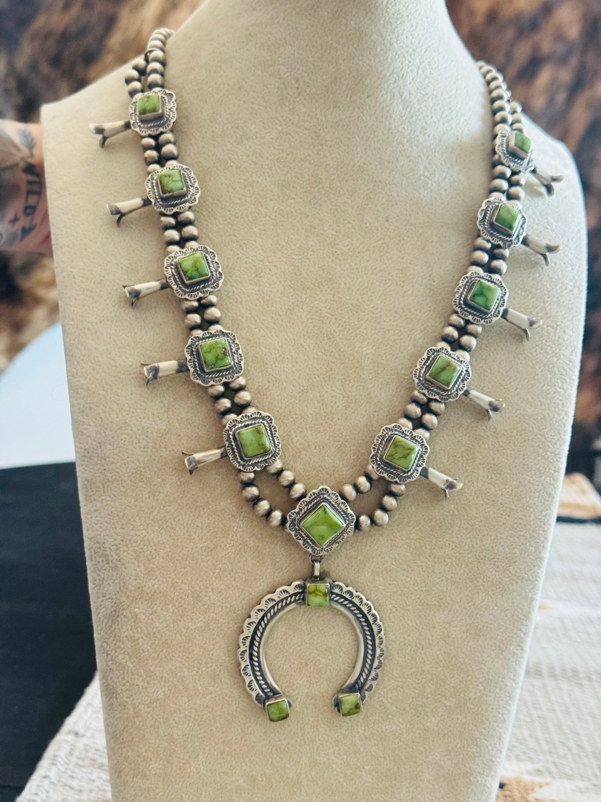 Thomas Francisco Sonoran Gold Turquoise & Sterling Silver Squash Blossom Necklace Set