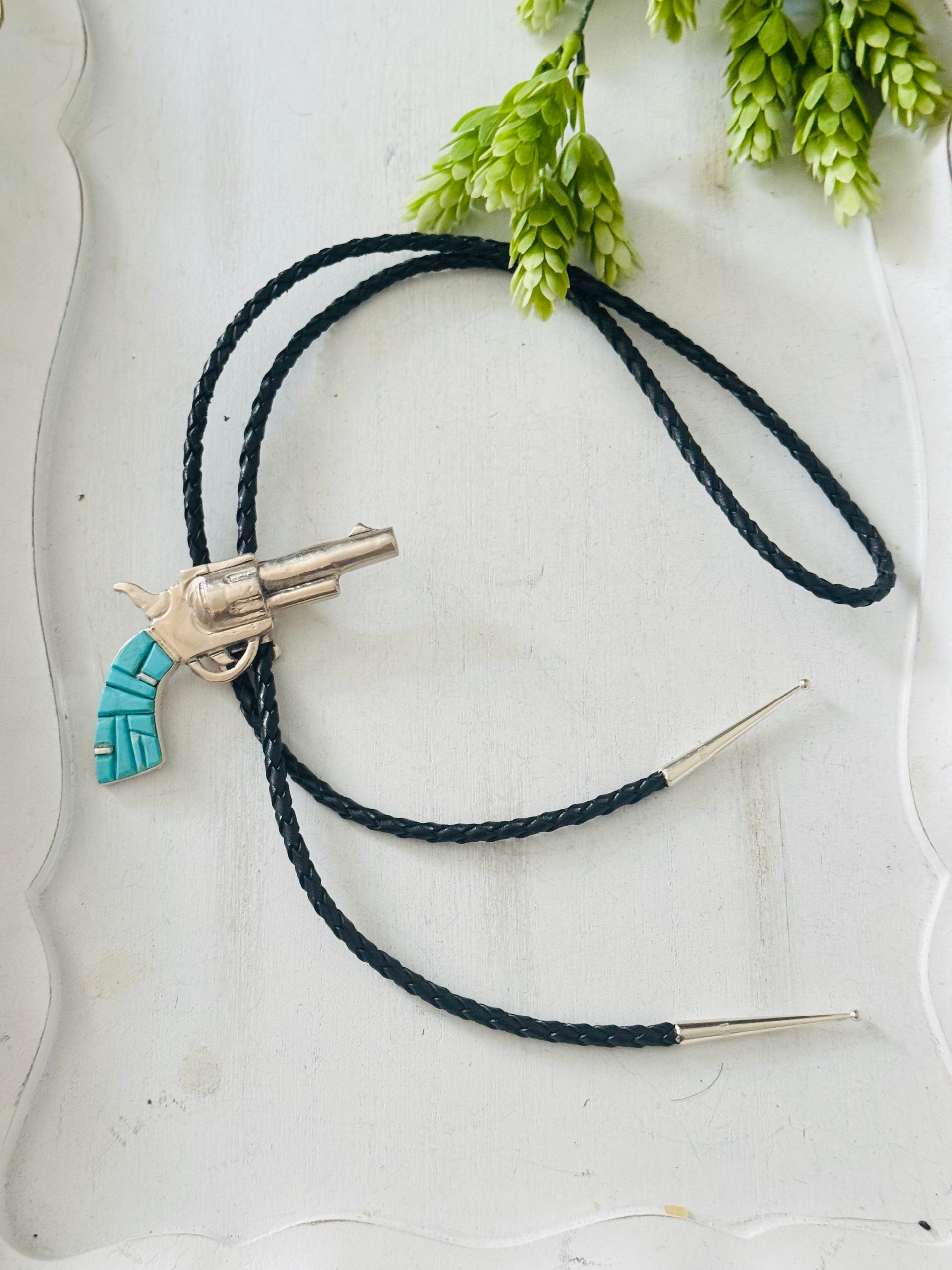 Bobby Mannelito Multi Stone & Sterling Silver Pistol Cobblestone Bolo Tie