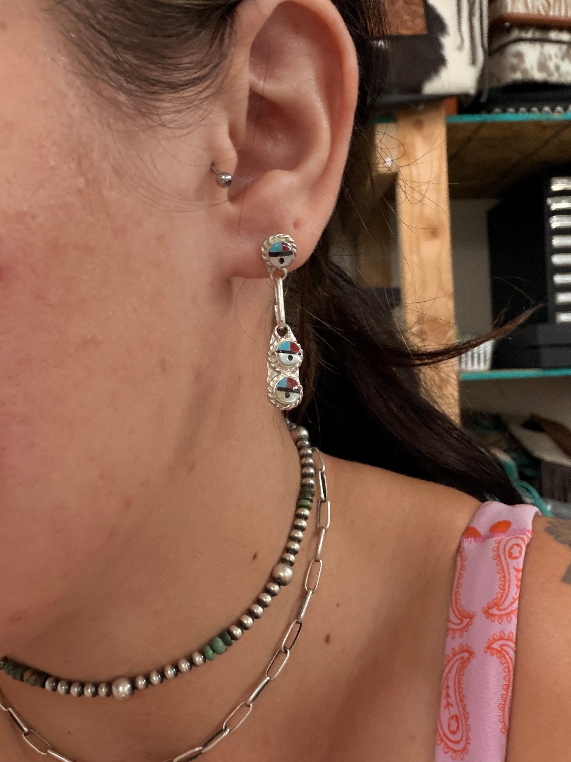 Zuni Made Multi Stone & Sterling Silver Post Dangle Sunface Earrings