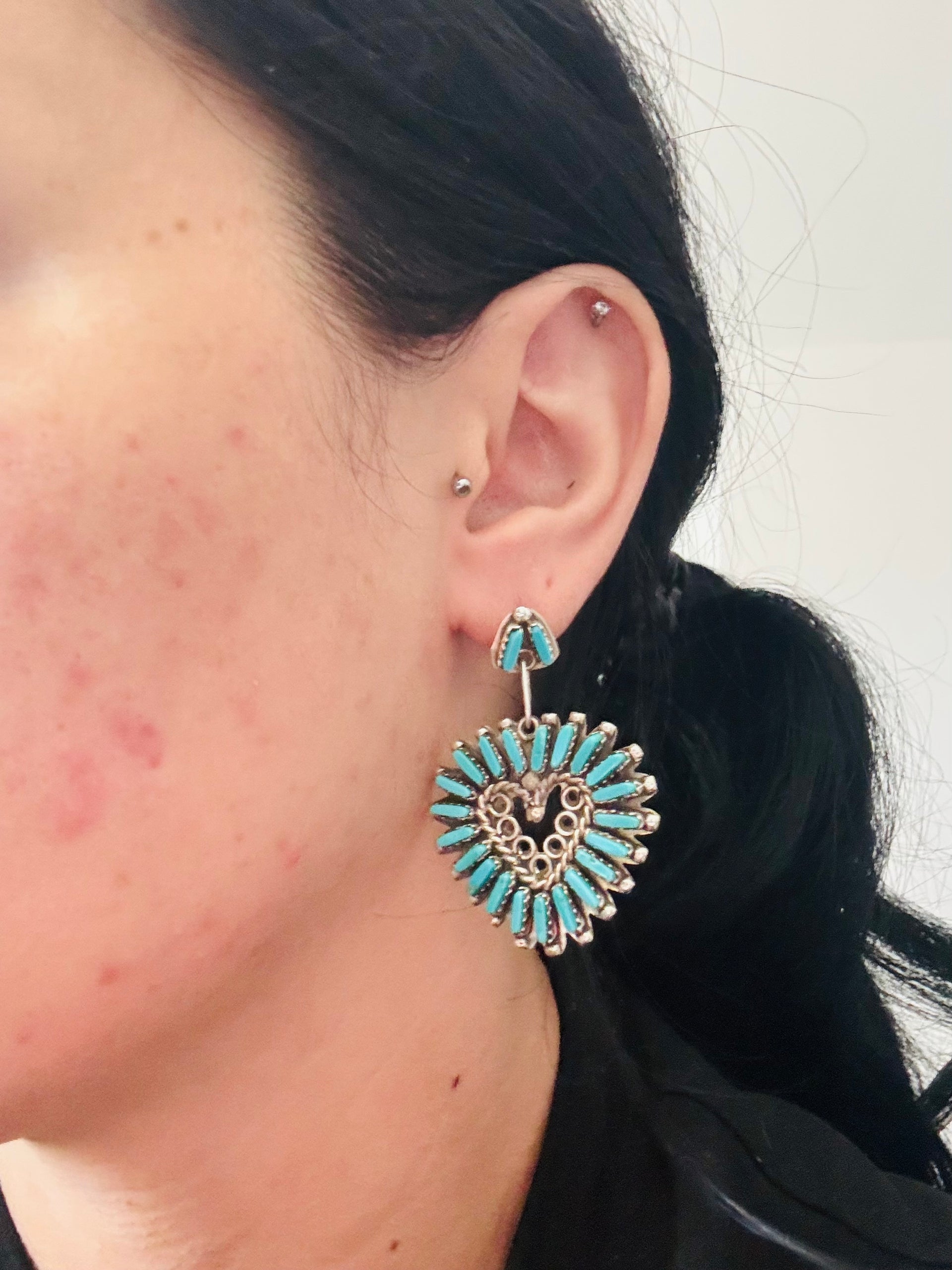 Zuni Made Kingman Turquoise & Sterling Silver Post Dangle Petite Earrings