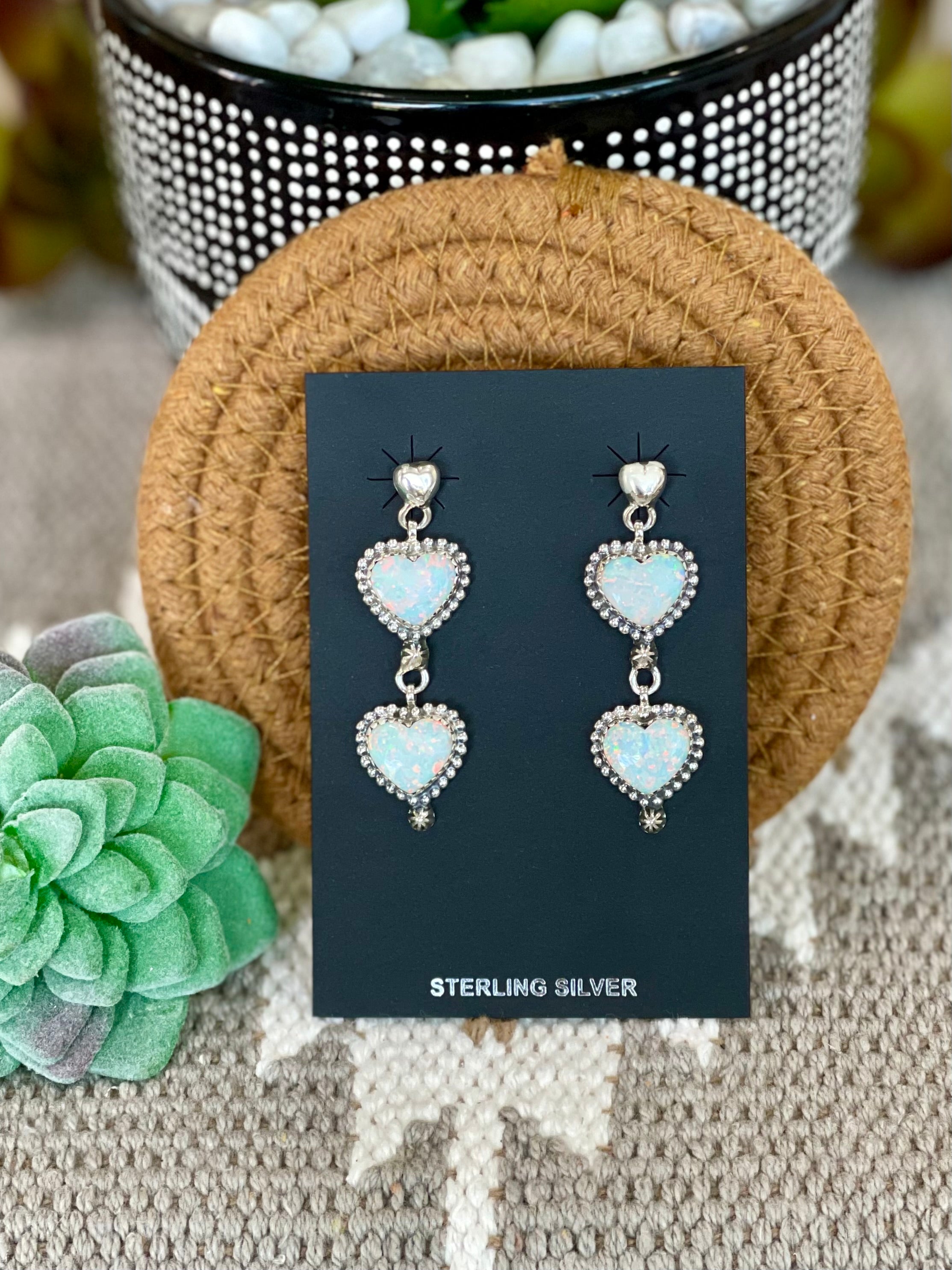 Southwest Handmade Opal & Sterling Silver Post Dangle Heart Earrings