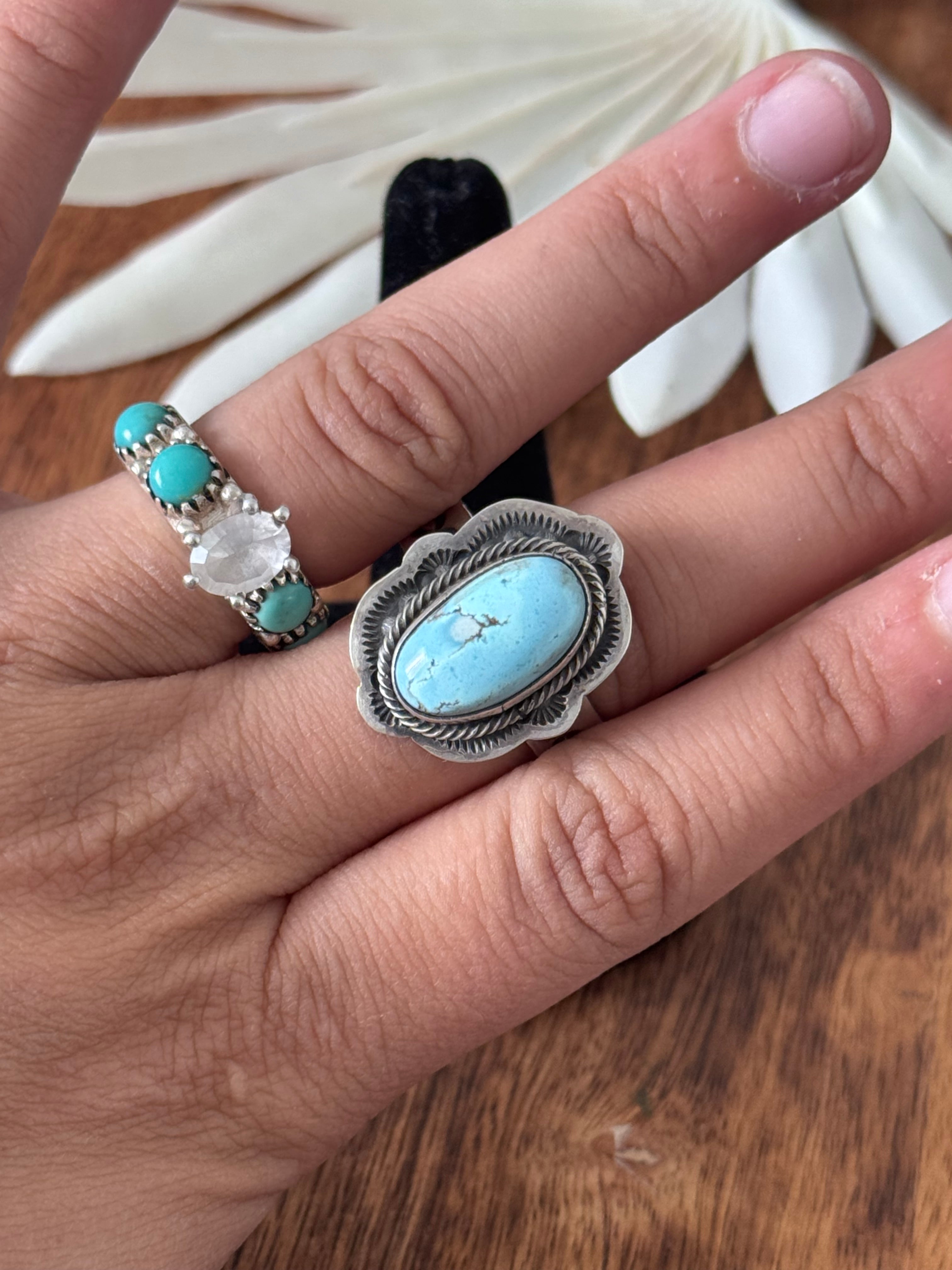 Navajo Made Kingman Turquoise & Sterling Silver Ring Size 10.5