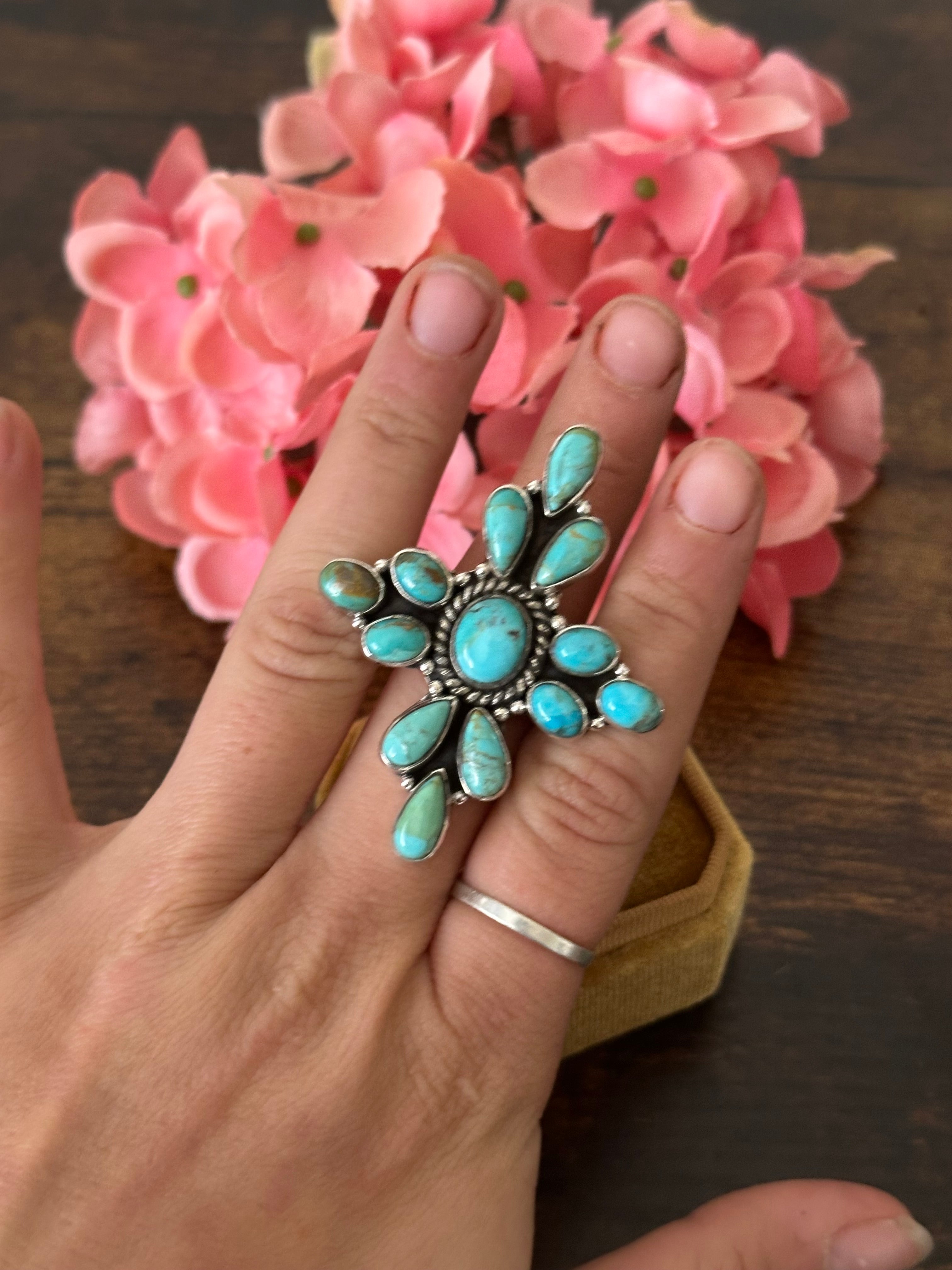 Southwest Handmade Kingman Turquoise & Sterling Silver Cluster Adjustable Ring