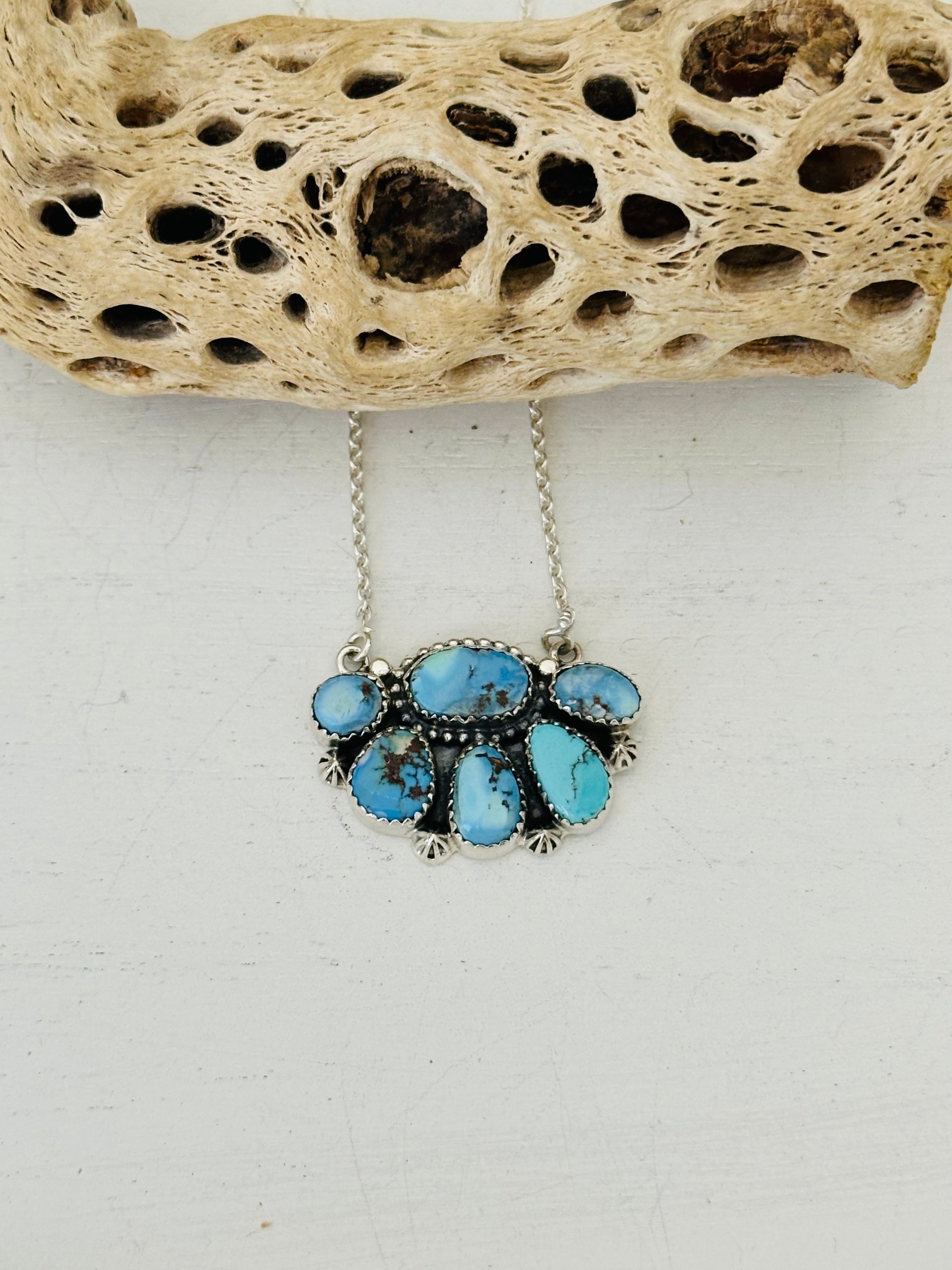 Southwest Handmade Golden Hills Turquoise & Sterling Silver Cluster Necklace