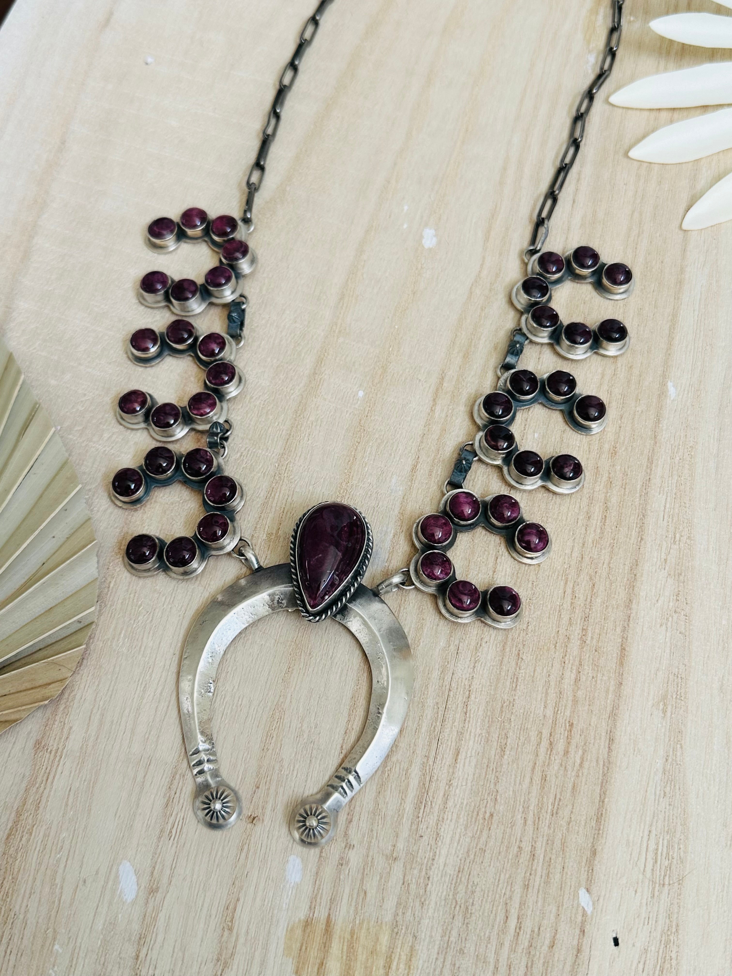 Navajo Made Purple Spiny Oyster & Sterling Silver Naja Necklace