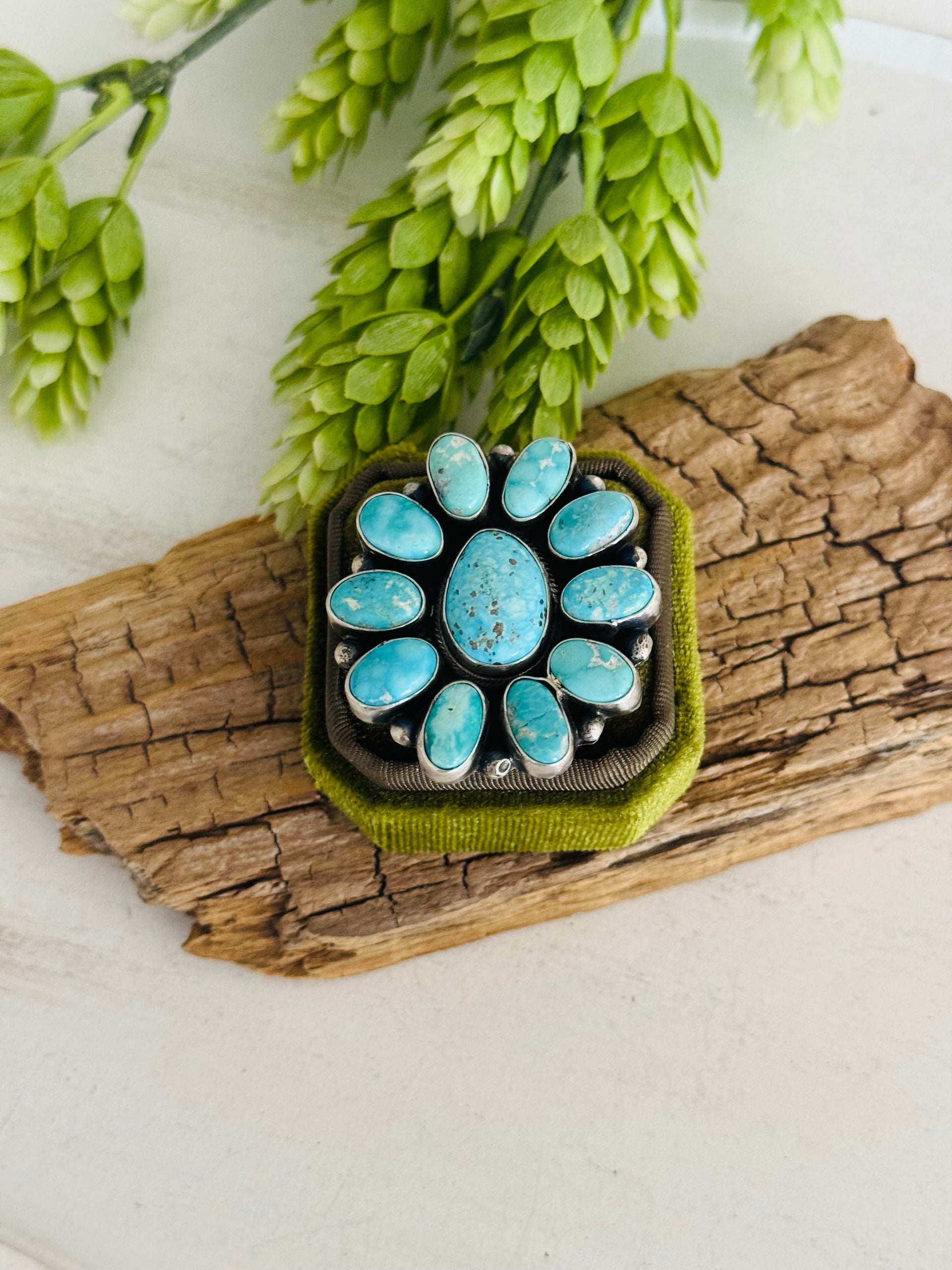 Navajo Made White Water Turquoise & Sterling Silver Cluster Ring Size 8.5