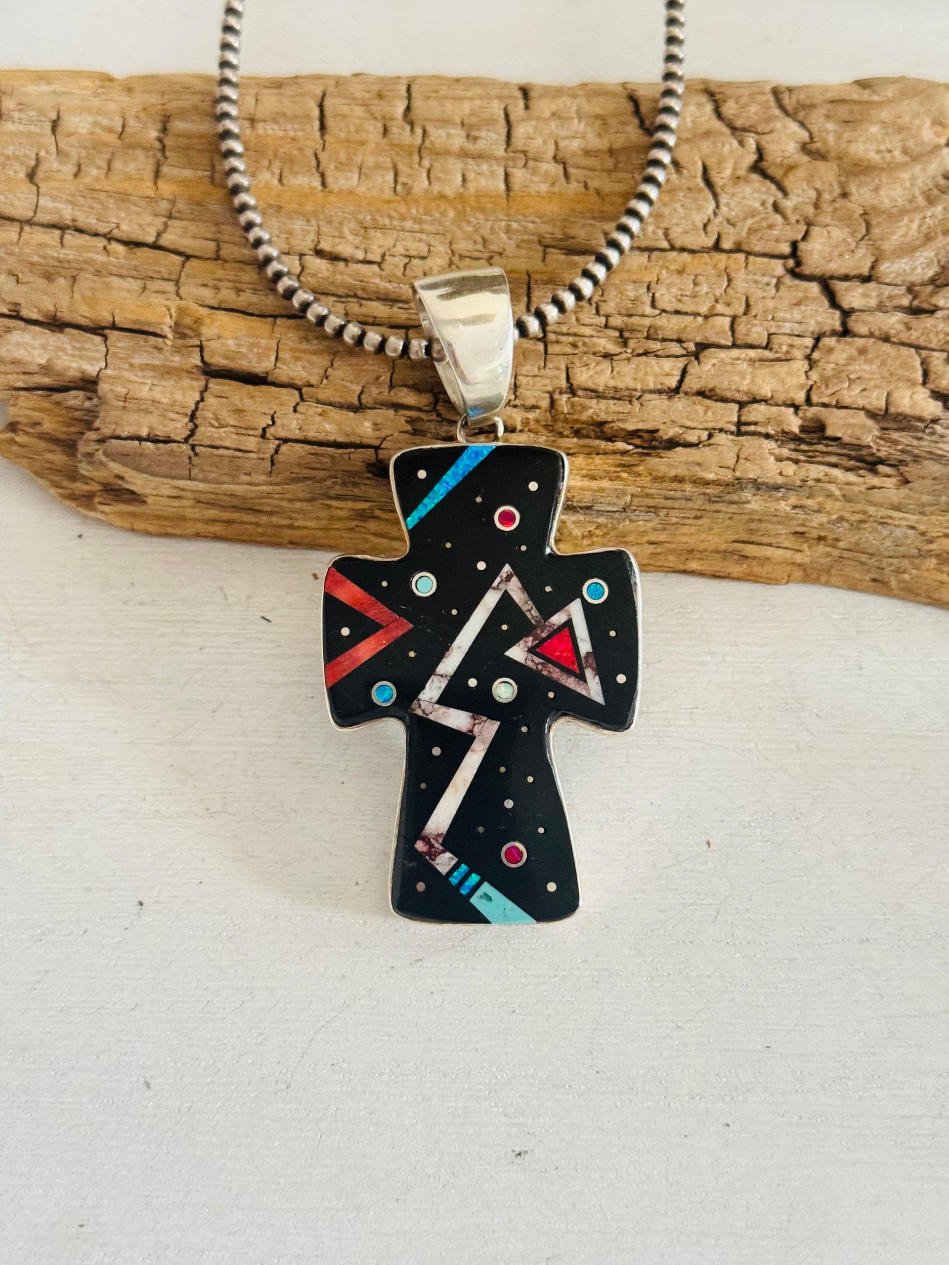 Randy James Multi Stone & Sterling Silver Micro Inlay Galaxy Cross Pendant