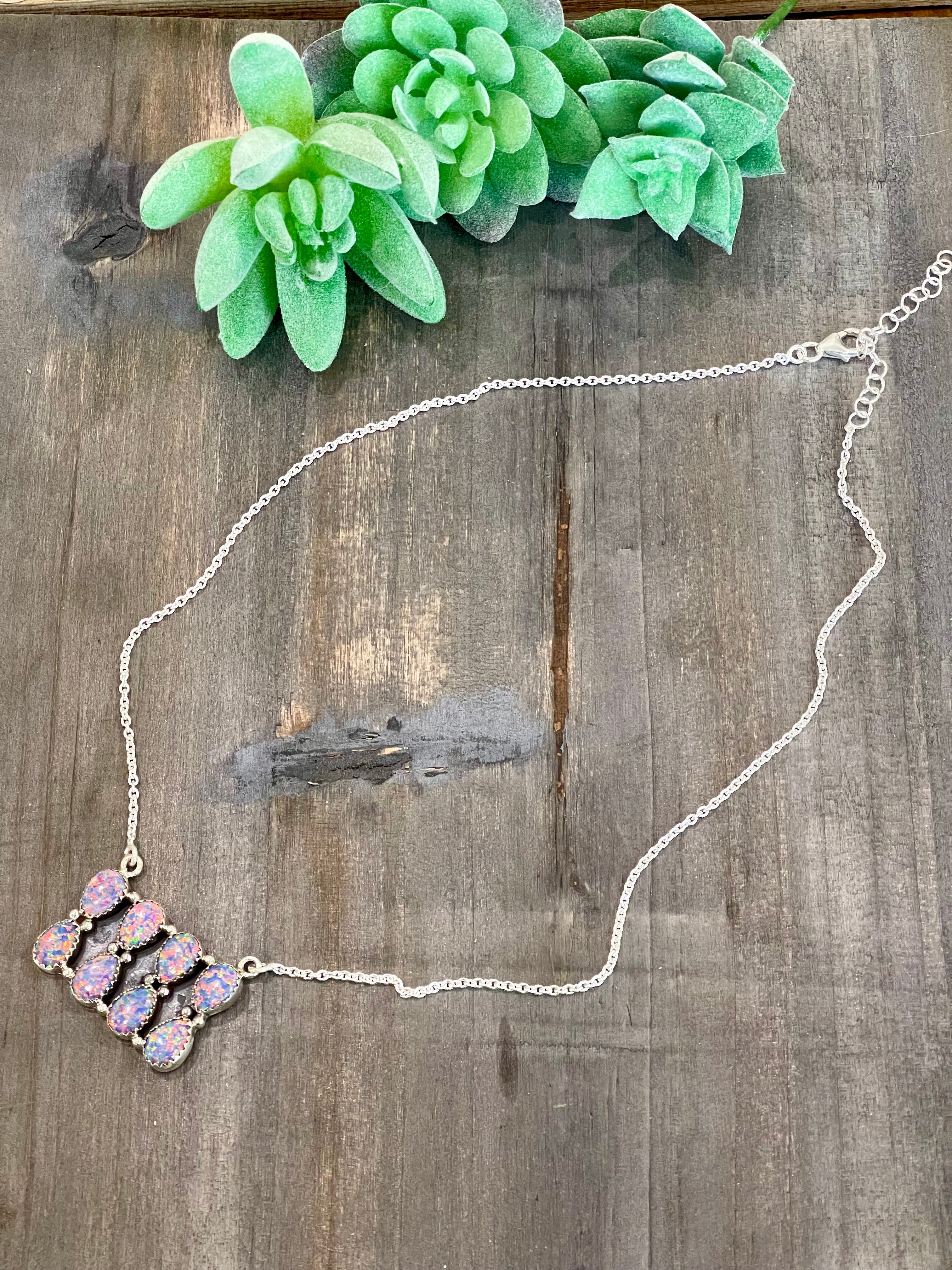 Southwest Handmade Purple Opal & Sterling Silver Cluster Bar Necklace