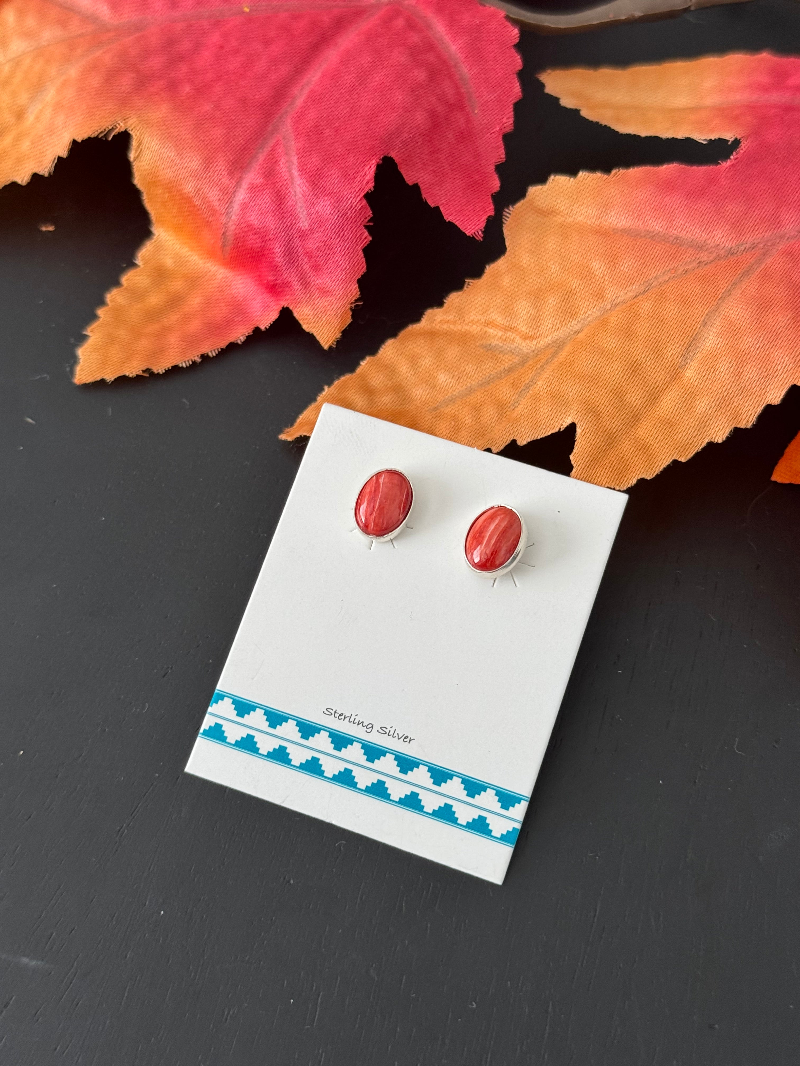 Navajo Made Red Spiny Oys & Sterling Silver Post Earrings