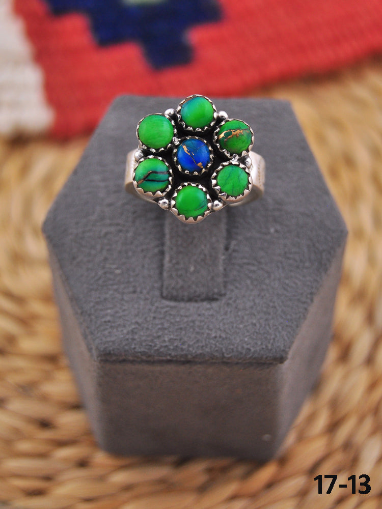 Southwest Handmade Sterling Silver Peacock Dahlia Adjustable Cluster Ring