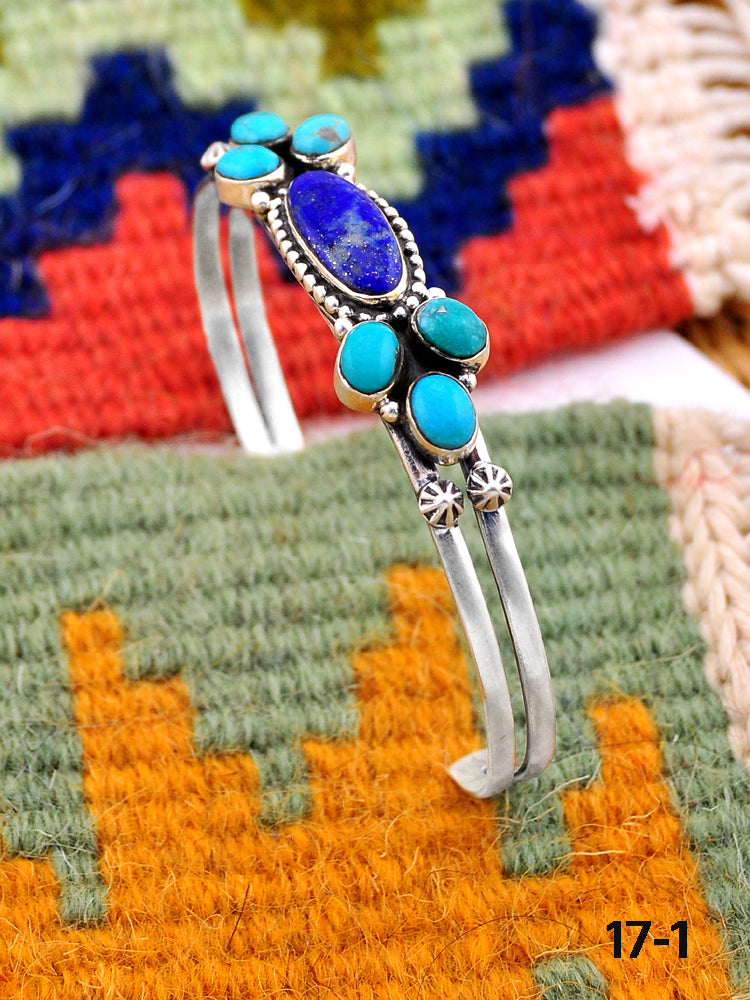 Southwest Handmade Kingman turquoise with lapis luzuli & Sterling Silver Cuff Bracelet